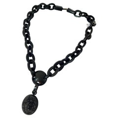 Rare Victorian Whitby Jet Necklace C1860s with Jet Links Rose Carved Pendant