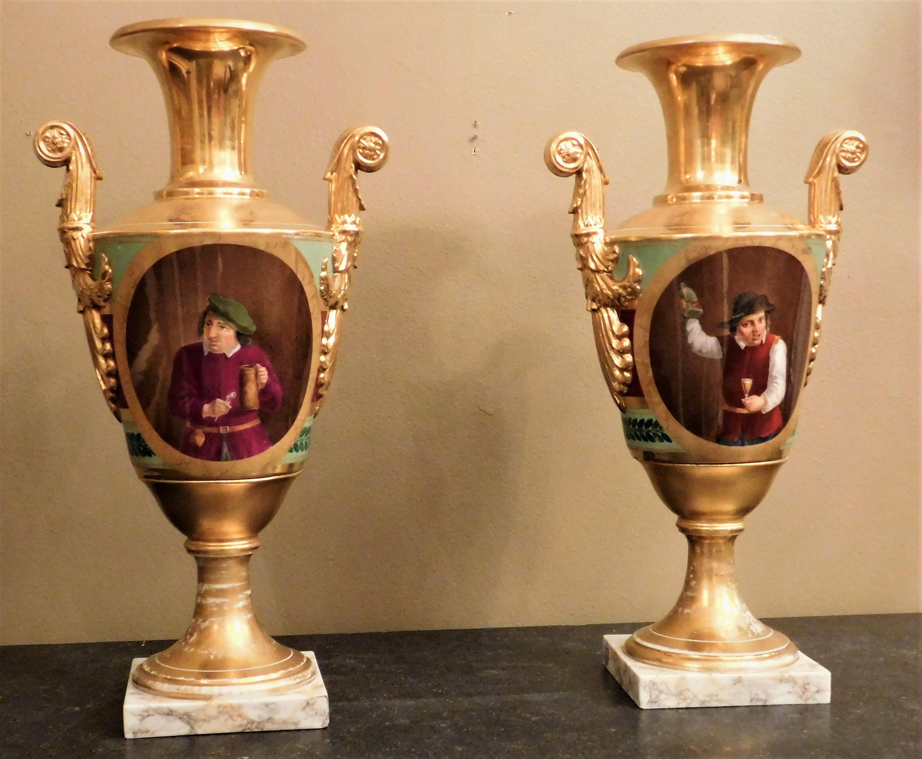 This pair of neoclassic Vieux Paris conical shaped vases have Classical Roman motifs on one side. Portraits on the other side depict an inebriate on one vase and a teetotaler on the other vase. Gilt contrast burnished gold decoration and poly chrome
