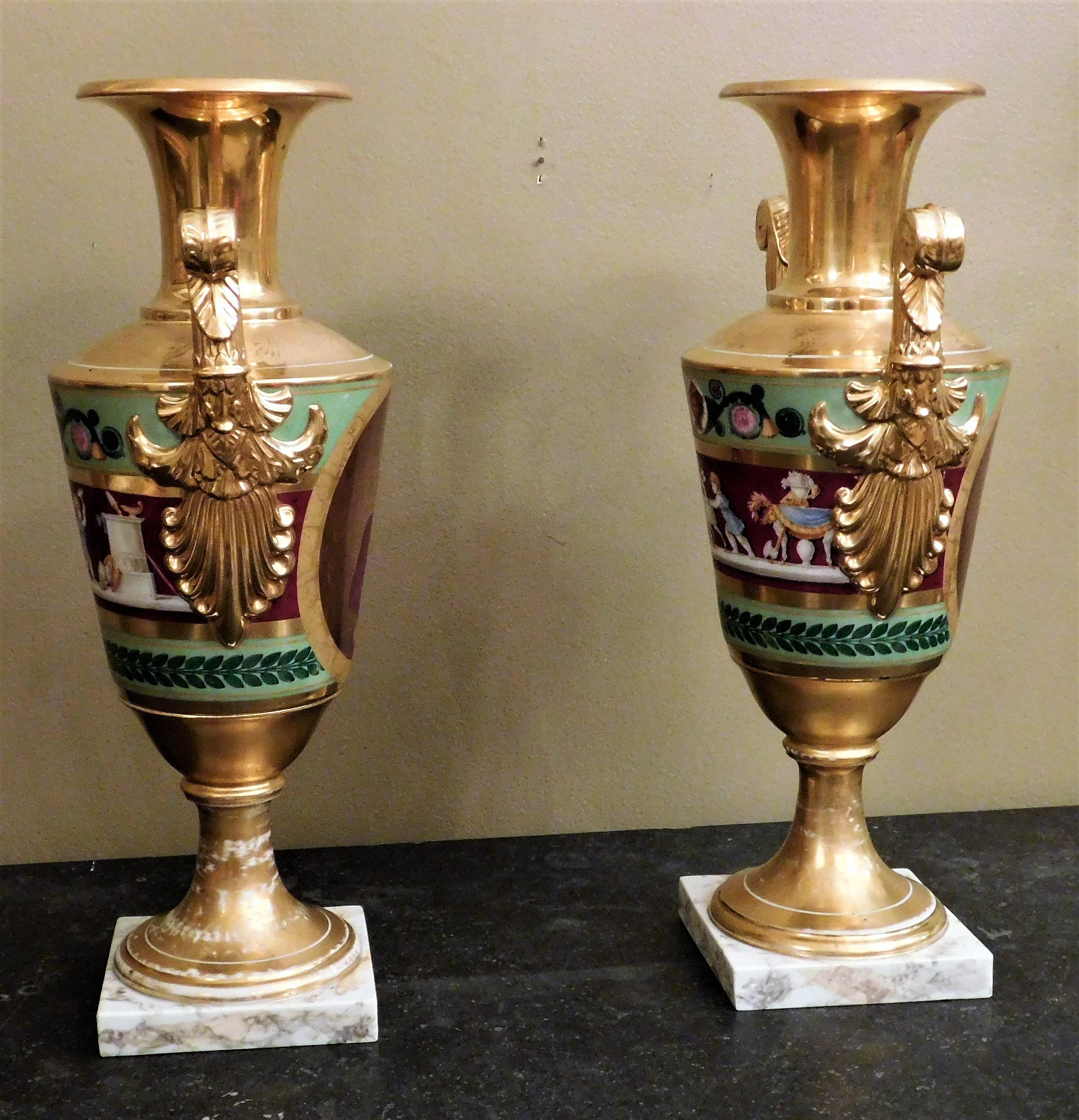 Painted Rare Vieux Paris Tall  Vases, Circa:1830 For Sale
