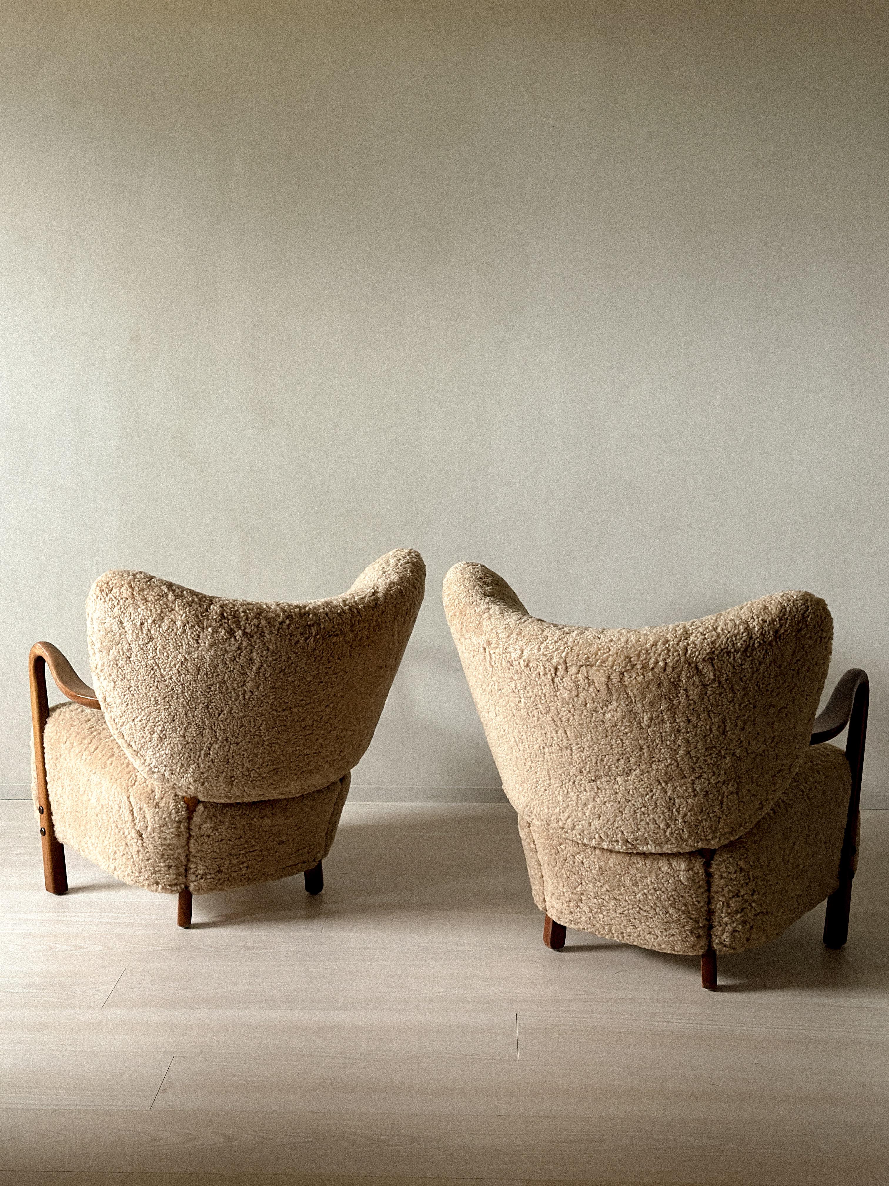 Mid-Century Modern Rare Viggo Boesen Armchairs in Shearling, Produced by Hos Wulff, Denmark 1930 For Sale