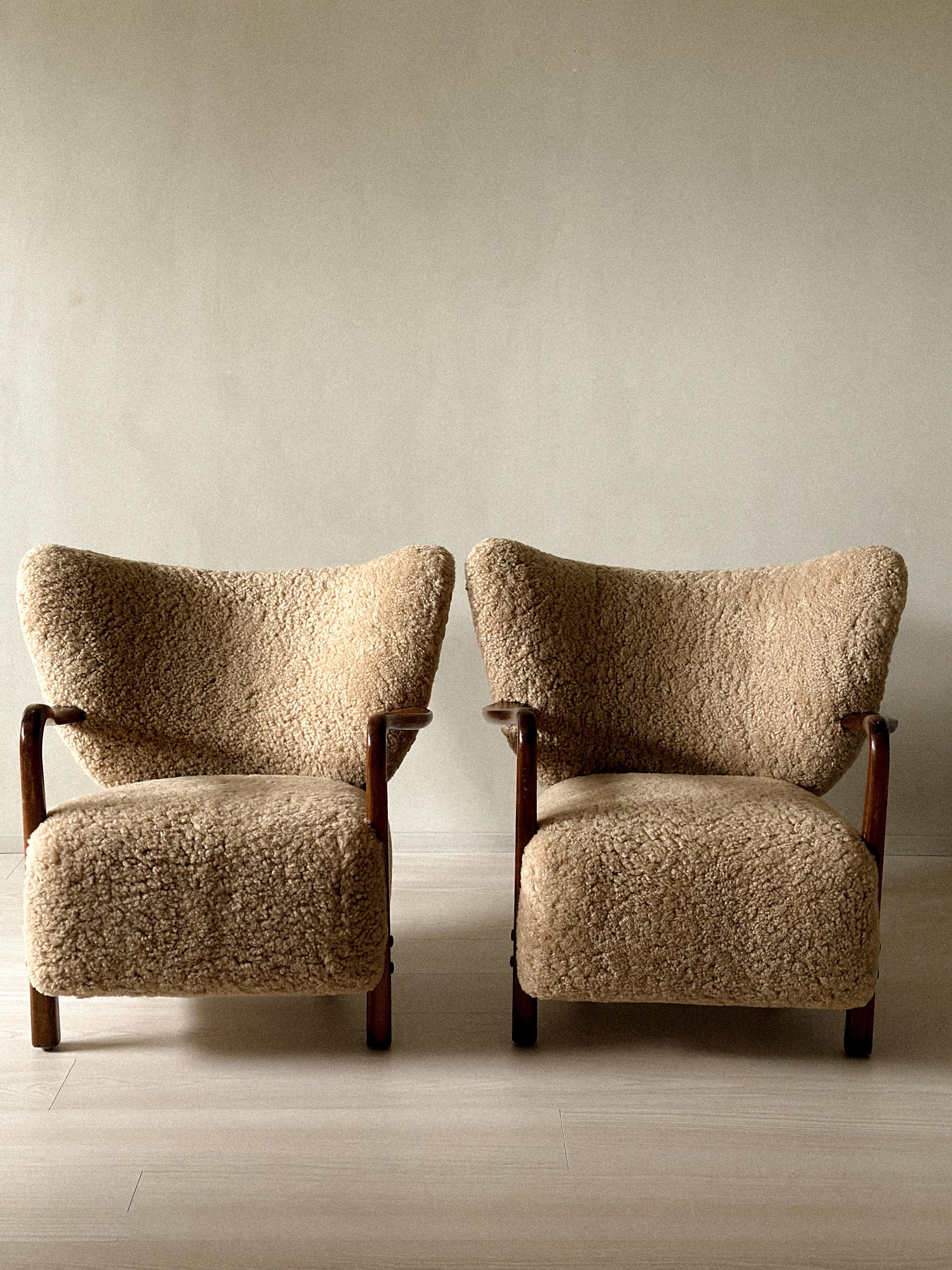 Danish Rare Viggo Boesen Armchairs in Shearling, Produced by Hos Wulff, Denmark 1930 For Sale