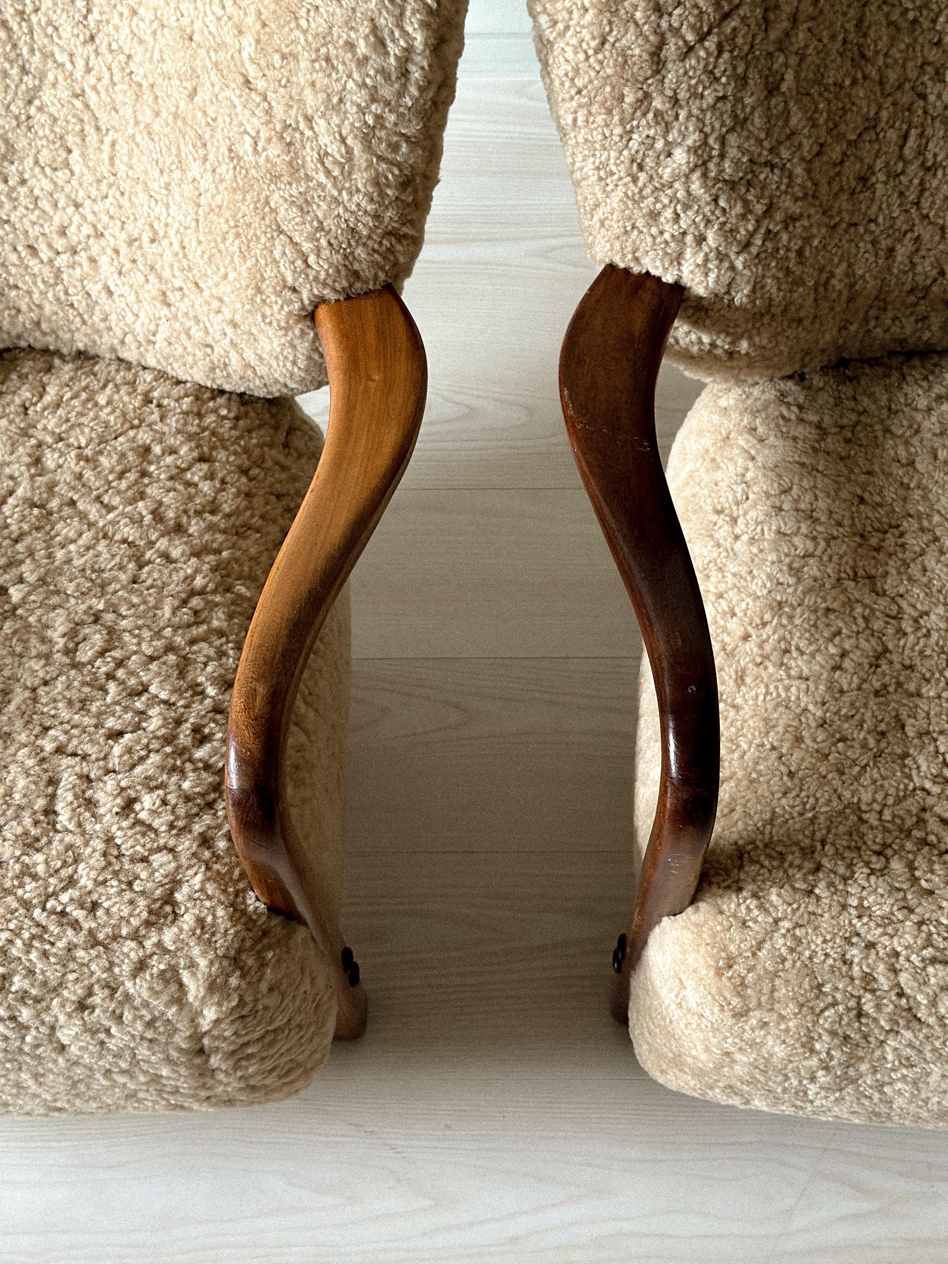 Sheepskin Rare Viggo Boesen Armchairs in Shearling, Produced by Hos Wulff, Denmark 1930 For Sale