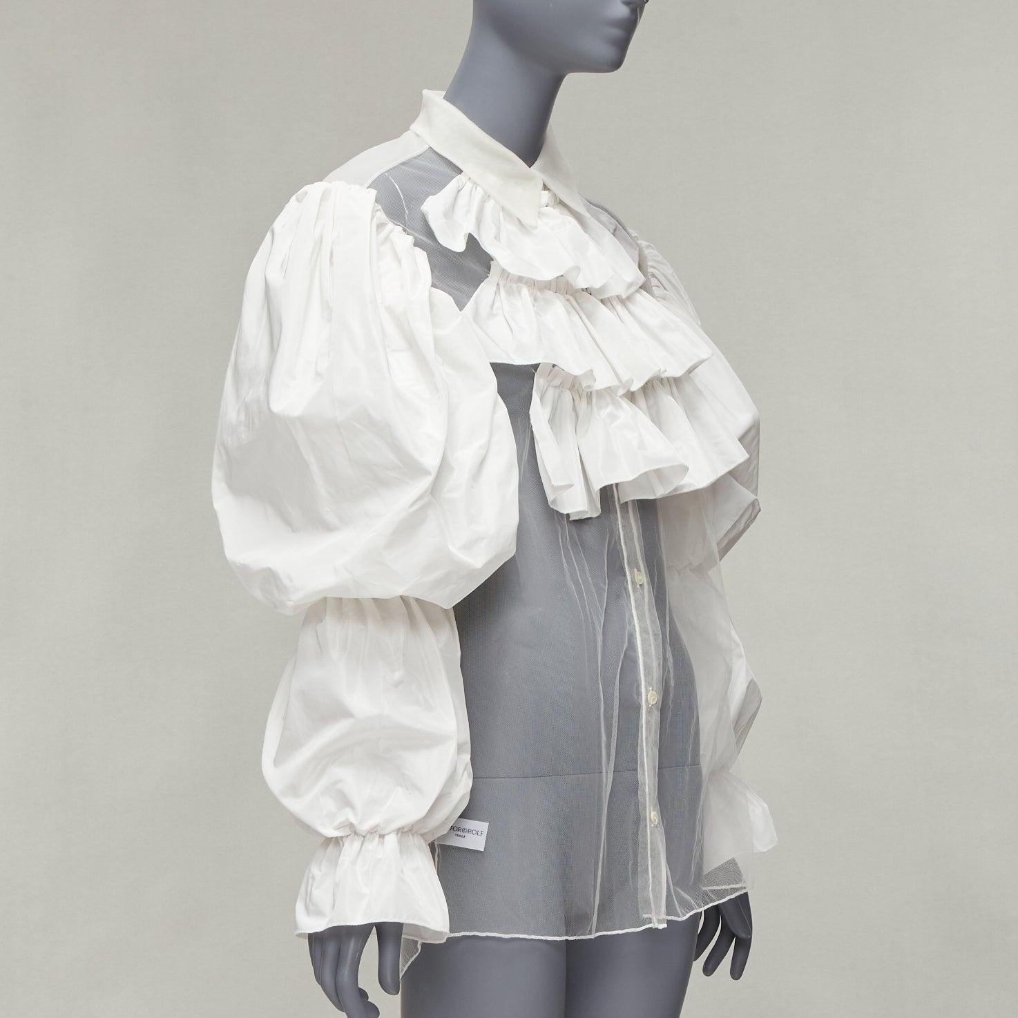 rare VIKTOR & ROLF TULLE cream ruffle front Victorian puff sleeves sheer shirt S In Excellent Condition For Sale In Hong Kong, NT