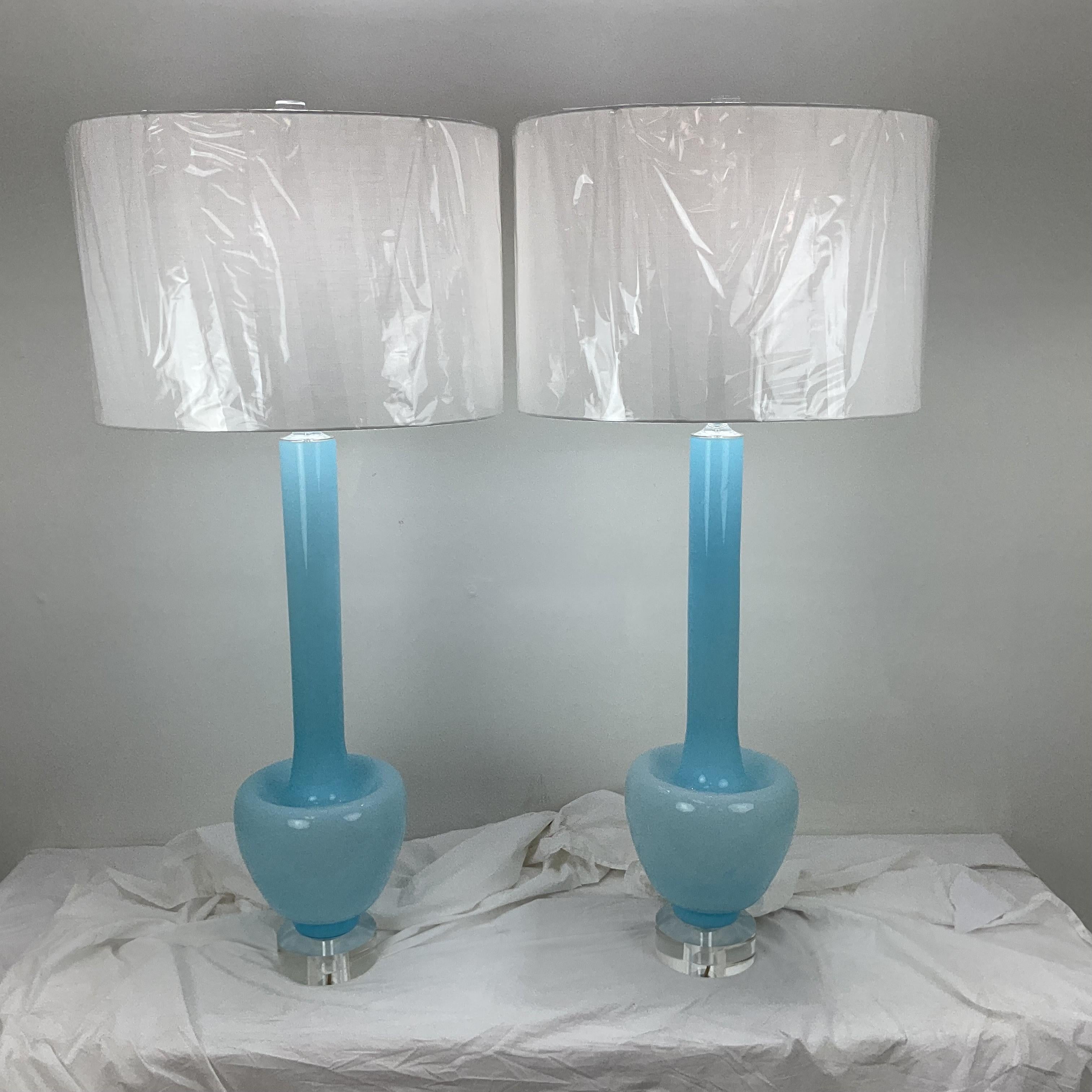 Rare Vinatge Blue Muarno Glass Lamp Pair For Sale 3