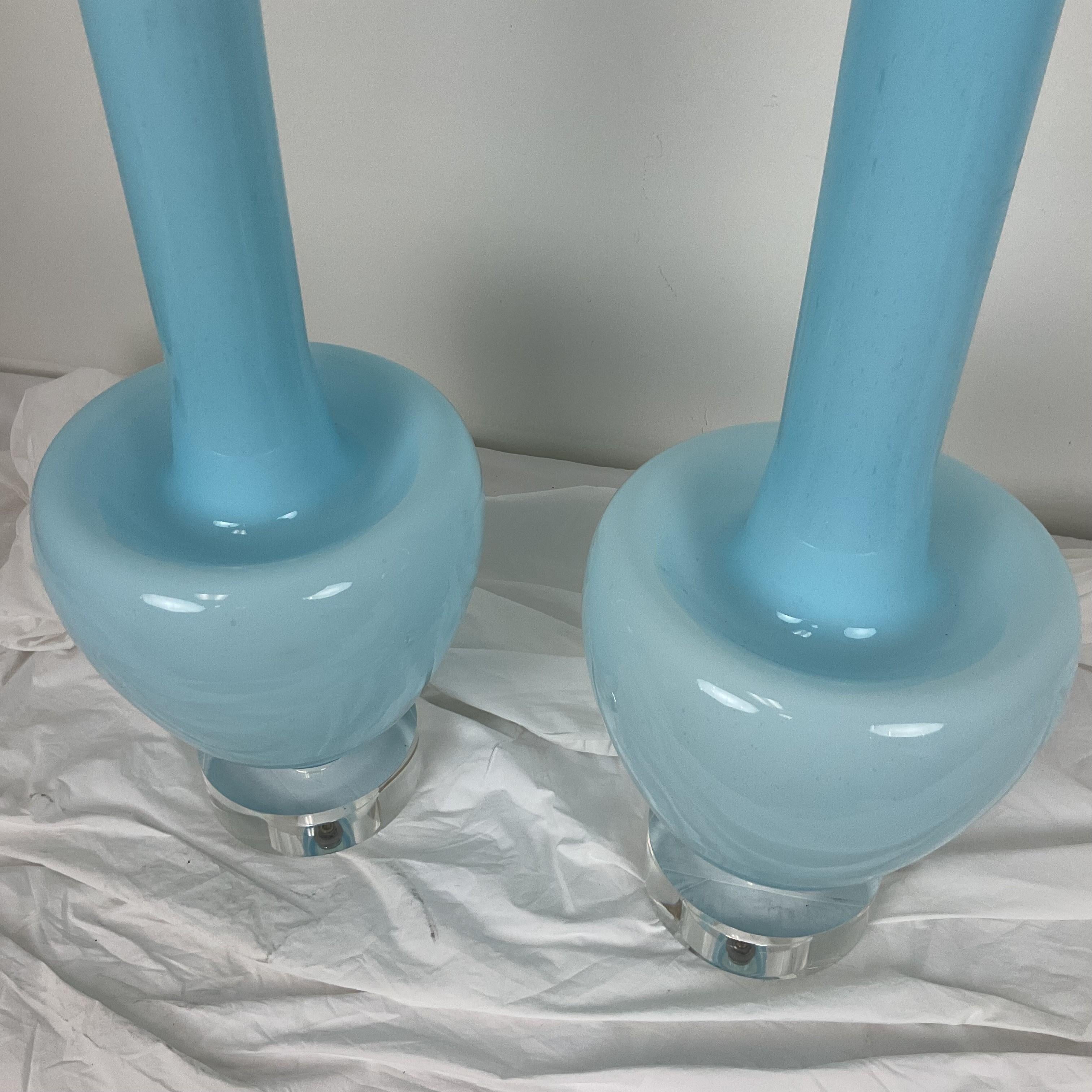 Rare Vinatge Blue Muarno Glass Lamp Pair For Sale 2