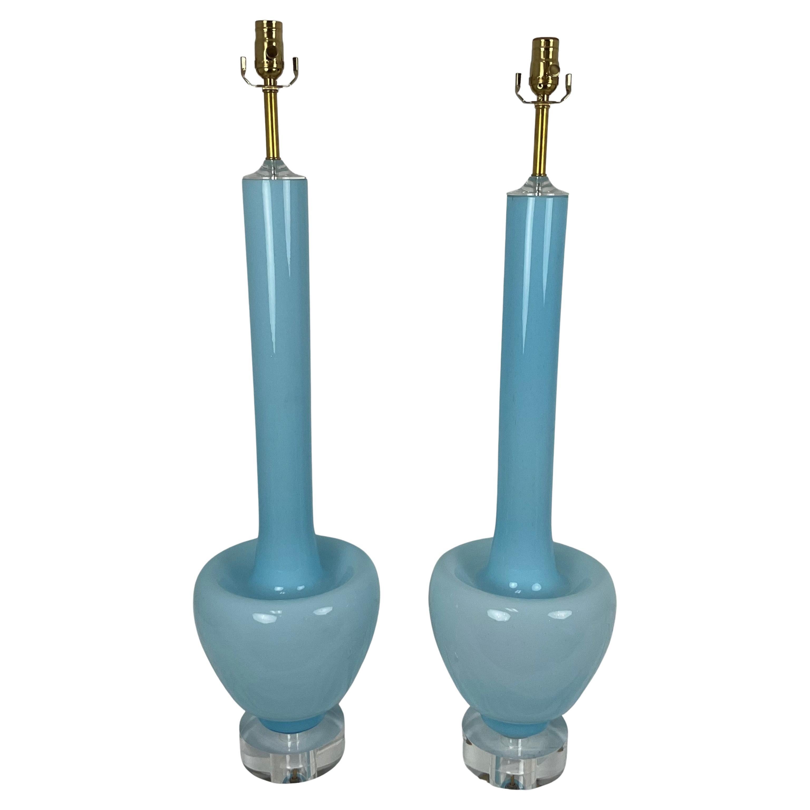 Rare Vinatge Blue Muarno Glass Lamp Pair For Sale