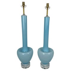 Rare Vinatge Blue Muarno Glass Lamp Pair