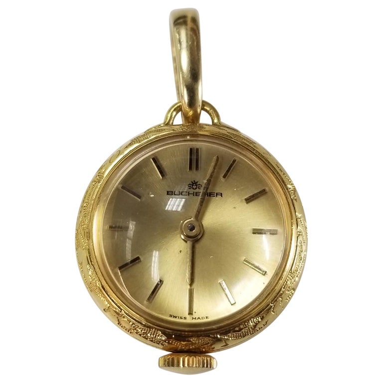 Rare Vintage 14 Karat Yellow Gold Bucherer 17 Jewel Swiss Pendant Watch