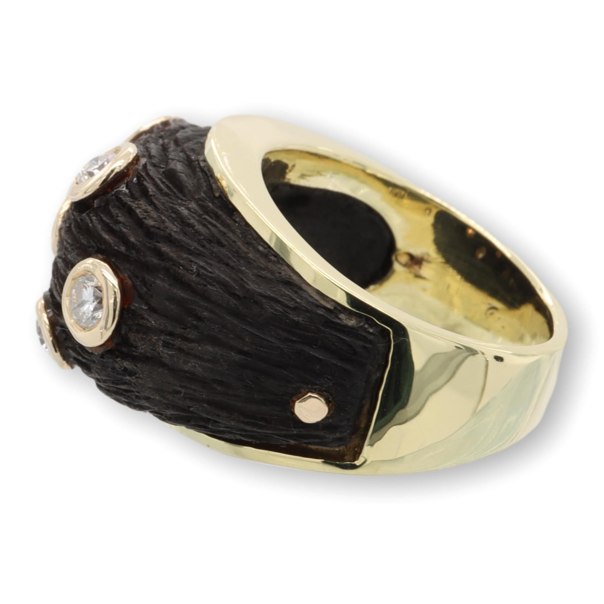 Round Cut Rare Vintage 18K Yellow Gold Carved Black Wood and Diamond Bombay Cocktail Ring