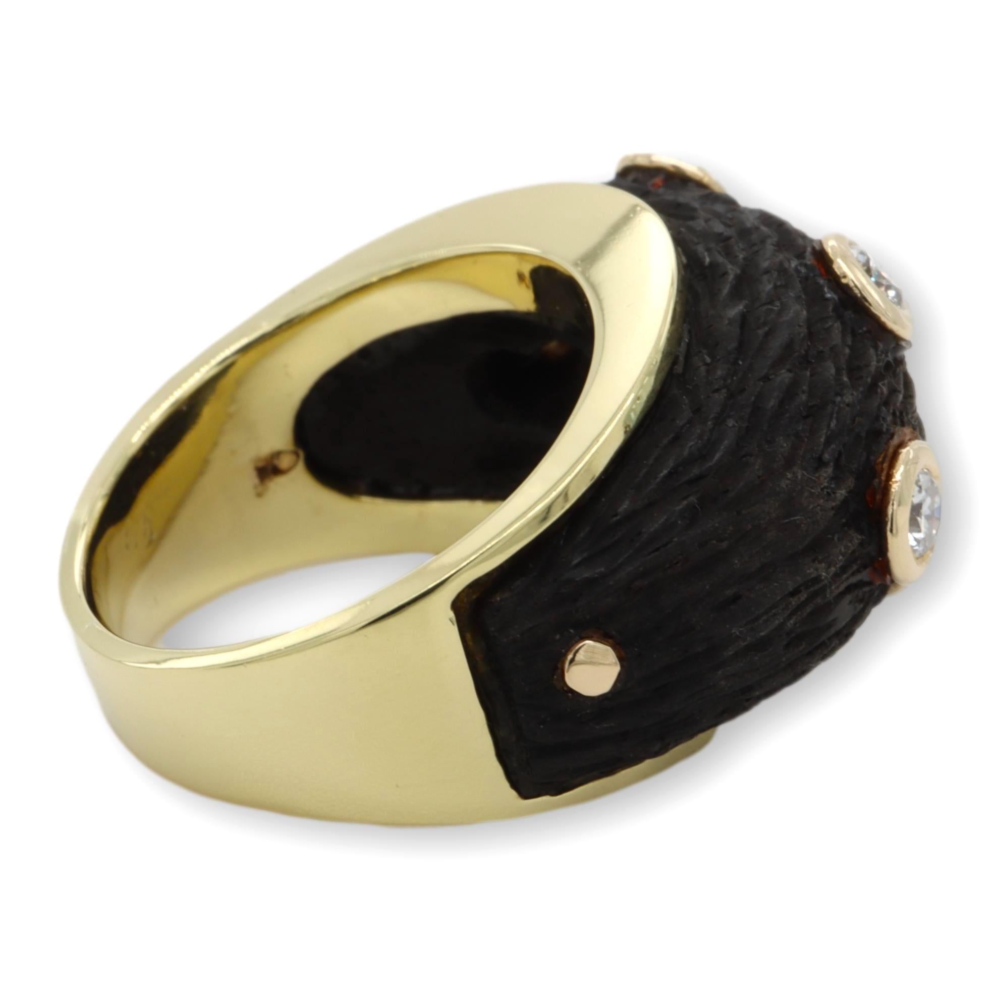 Women's or Men's Rare Vintage 18K Yellow Gold Carved Black Wood and Diamond Bombay Cocktail Ring