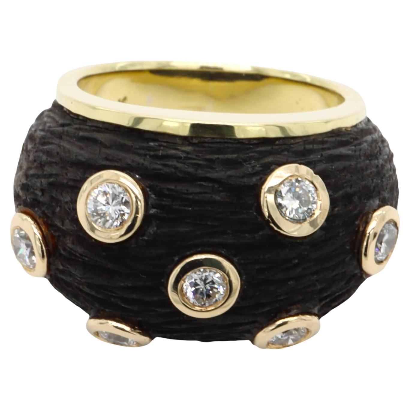 Rare Vintage 18K Yellow Gold Carved Black Wood and Diamond Bombay Cocktail Ring