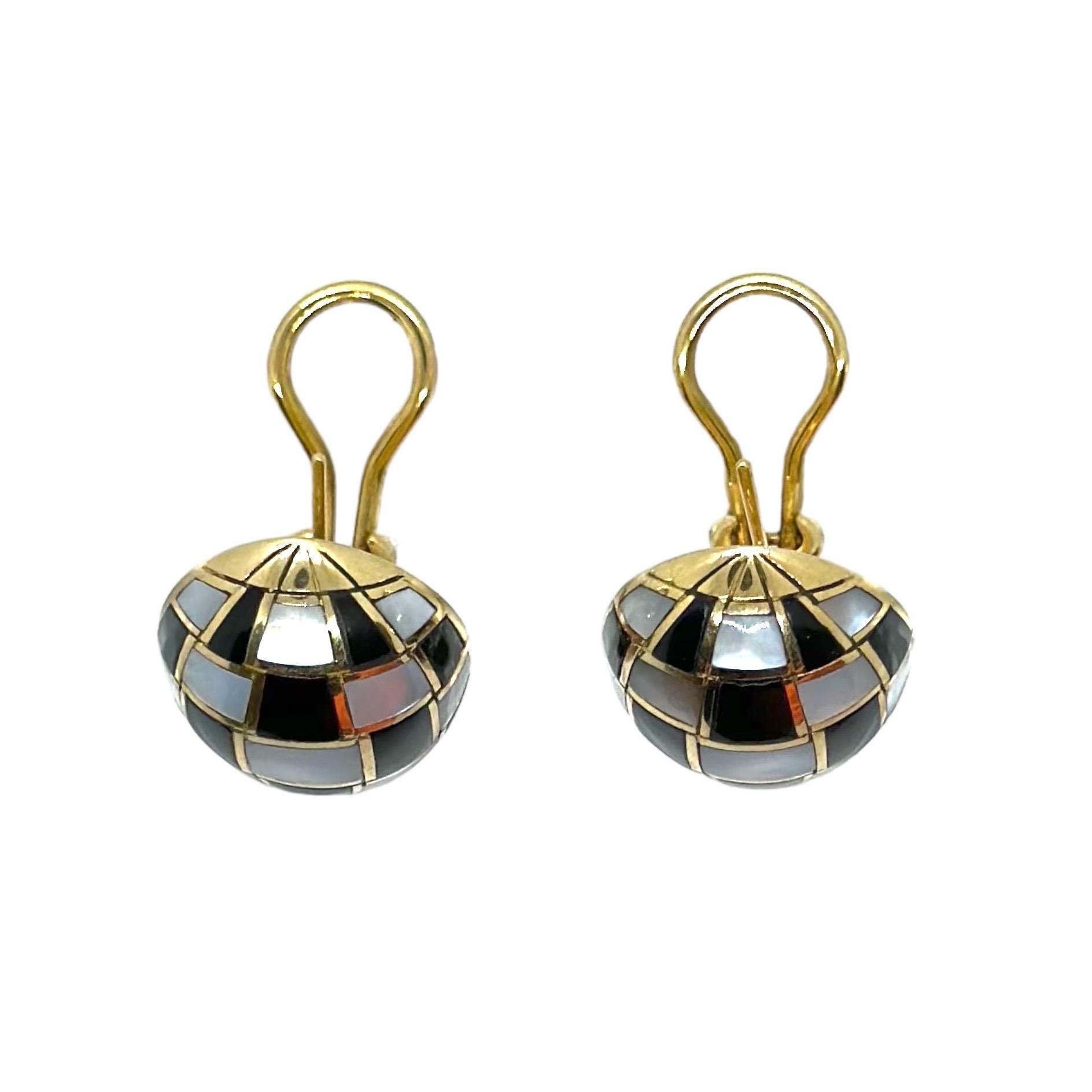 Shield Cut Rare Vintage 18K Yellow Gold Earrings with Onyx and Mother of Pearl Inlay For Sale