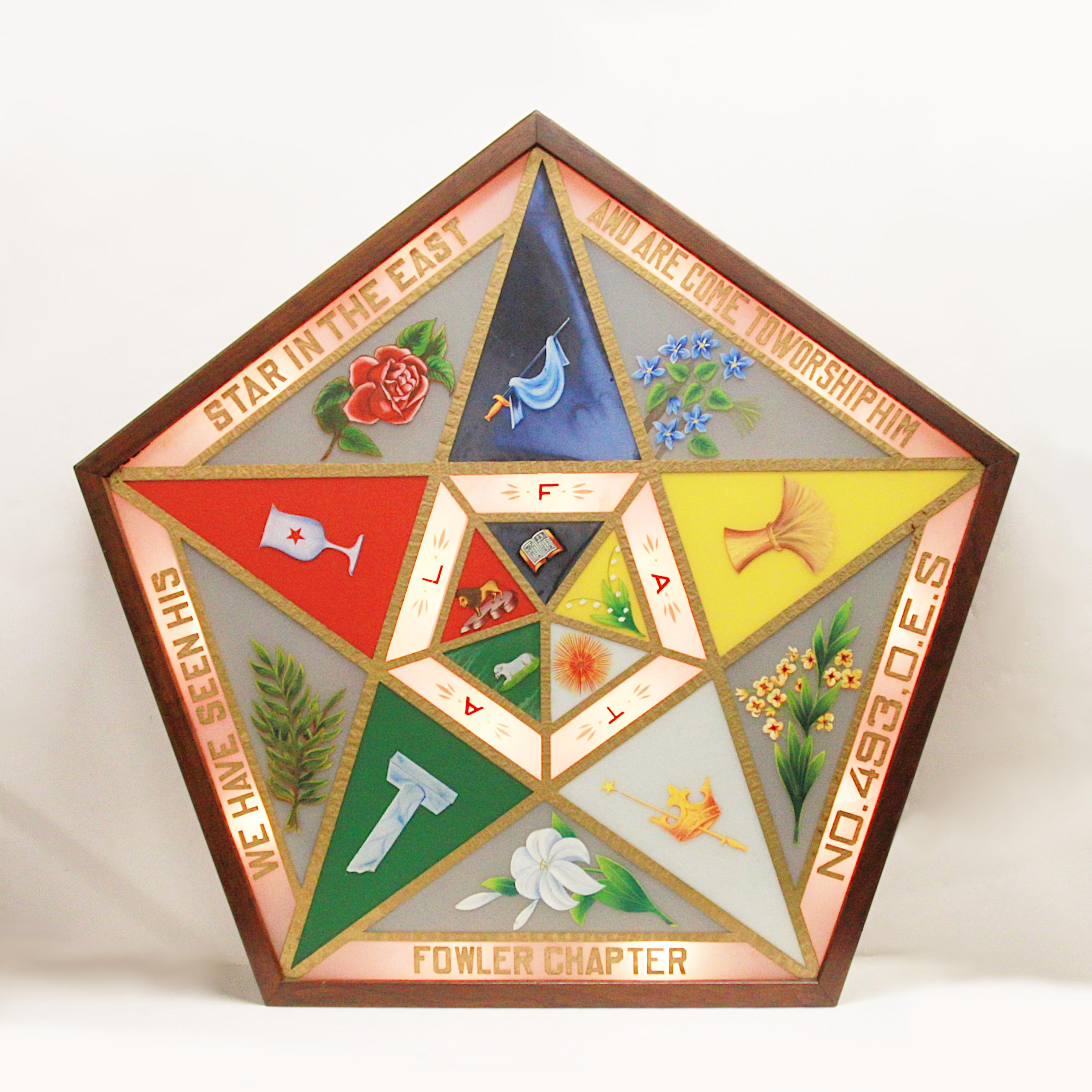 Raro letrero vintage de los años 30 de la Orden de la Estrella Polar Signet de la Logia Masónica Light-Up Estadounidense en venta