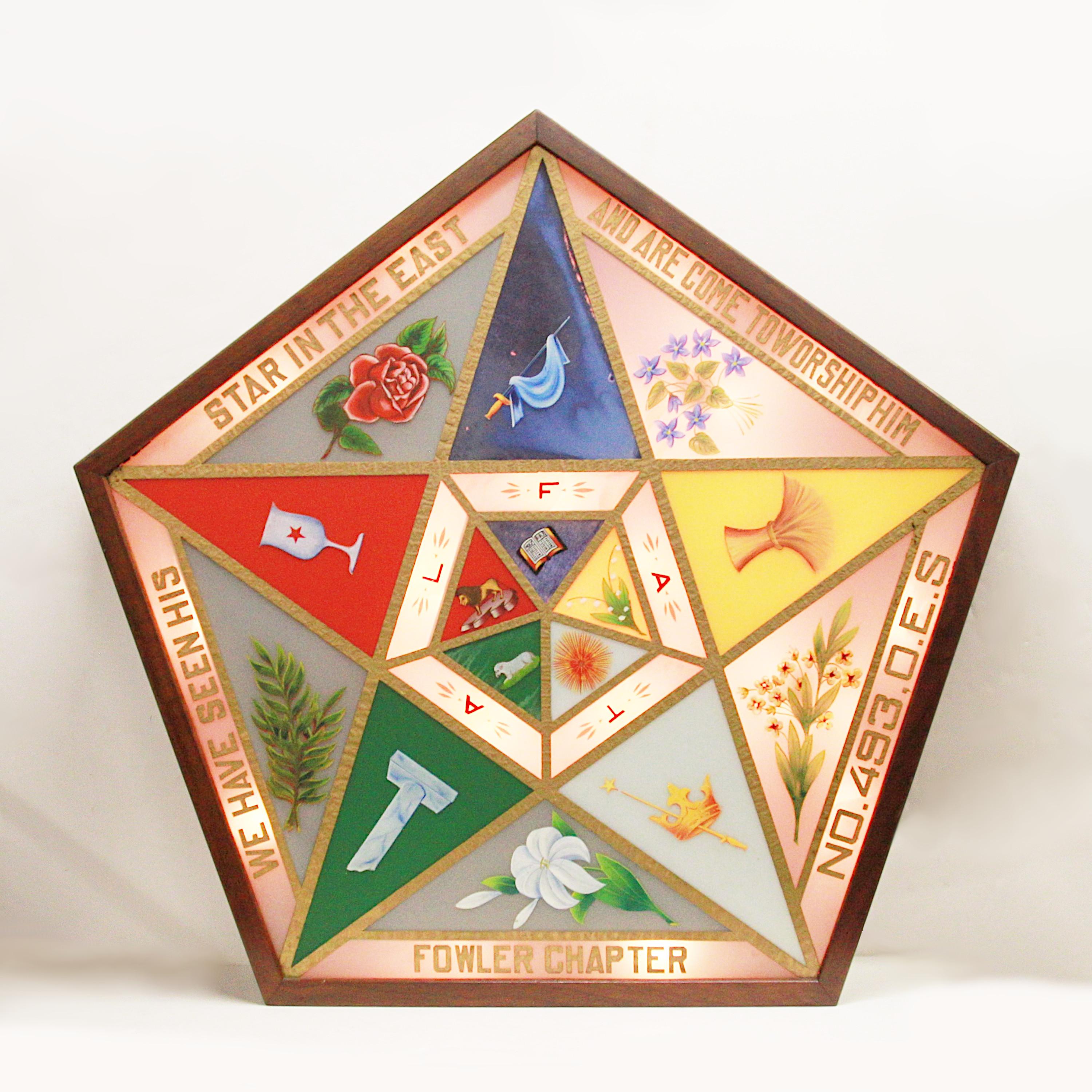 Seltenes Vintage 1930er Order of the Eastern Star Light-Up Masonic Lodge Siegelschild (Glas) im Angebot