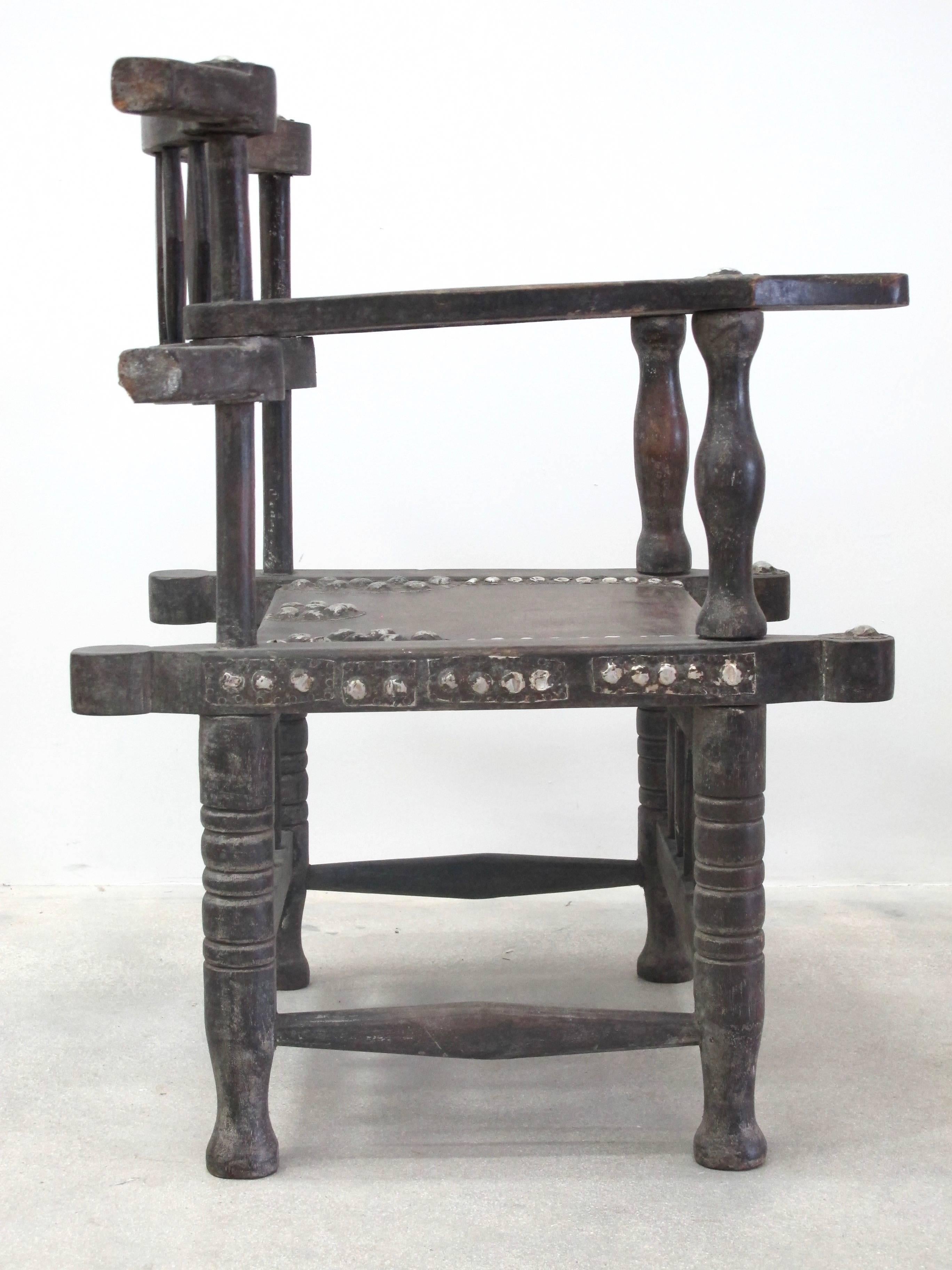 Ghanaian Rare  Vintage 1950s Ashanti Throne Chair With Metal Studs For Sale