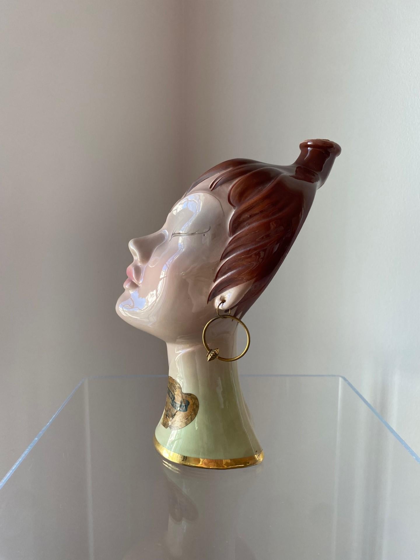 Hand-Crafted Rare Vintage 1950s Chinoiserie Ceramic Female Sculpture Decanter Italy For Sale