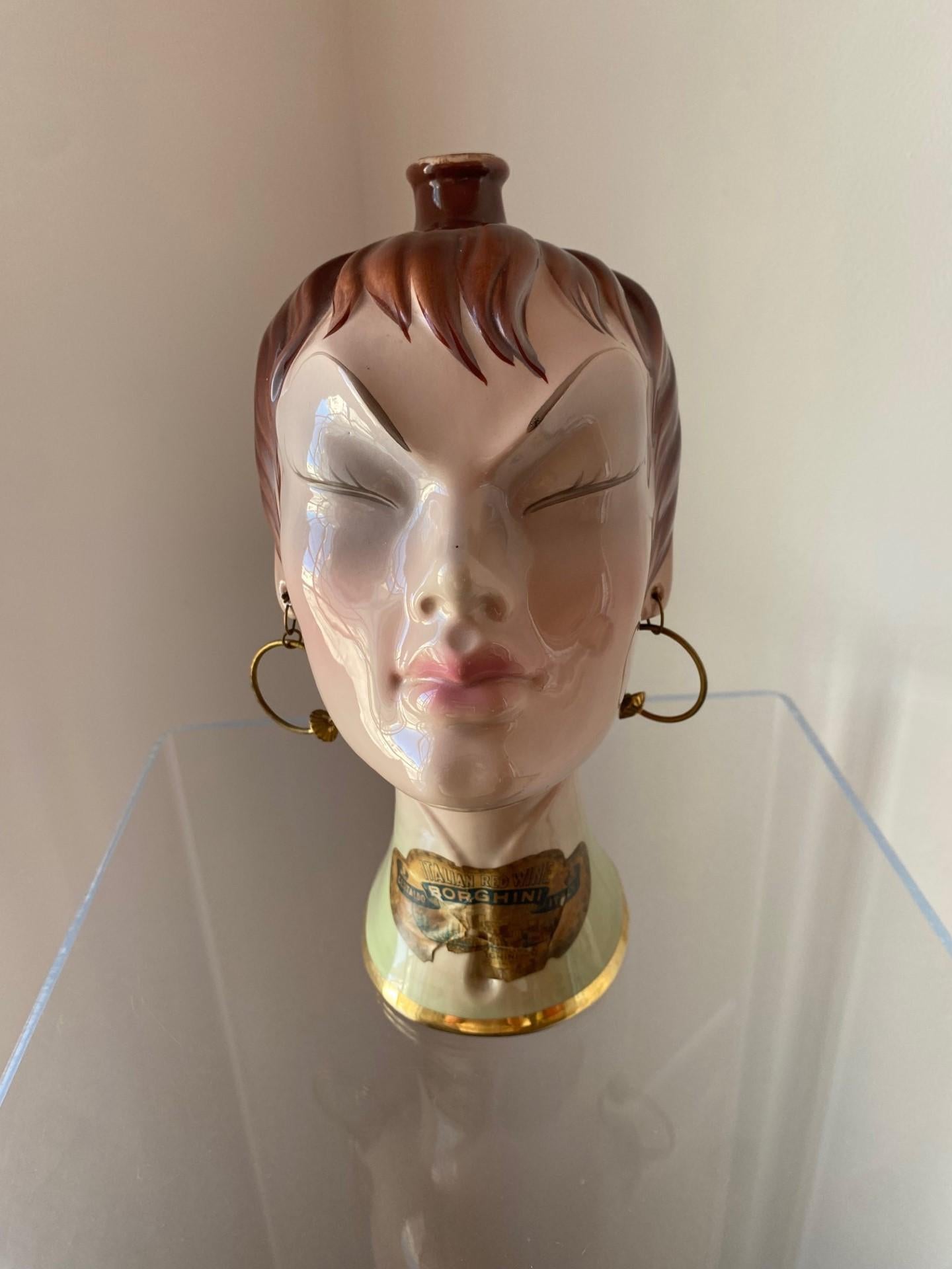 Mid-20th Century Rare Vintage 1950s Chinoiserie Ceramic Female Sculpture Decanter Italy For Sale