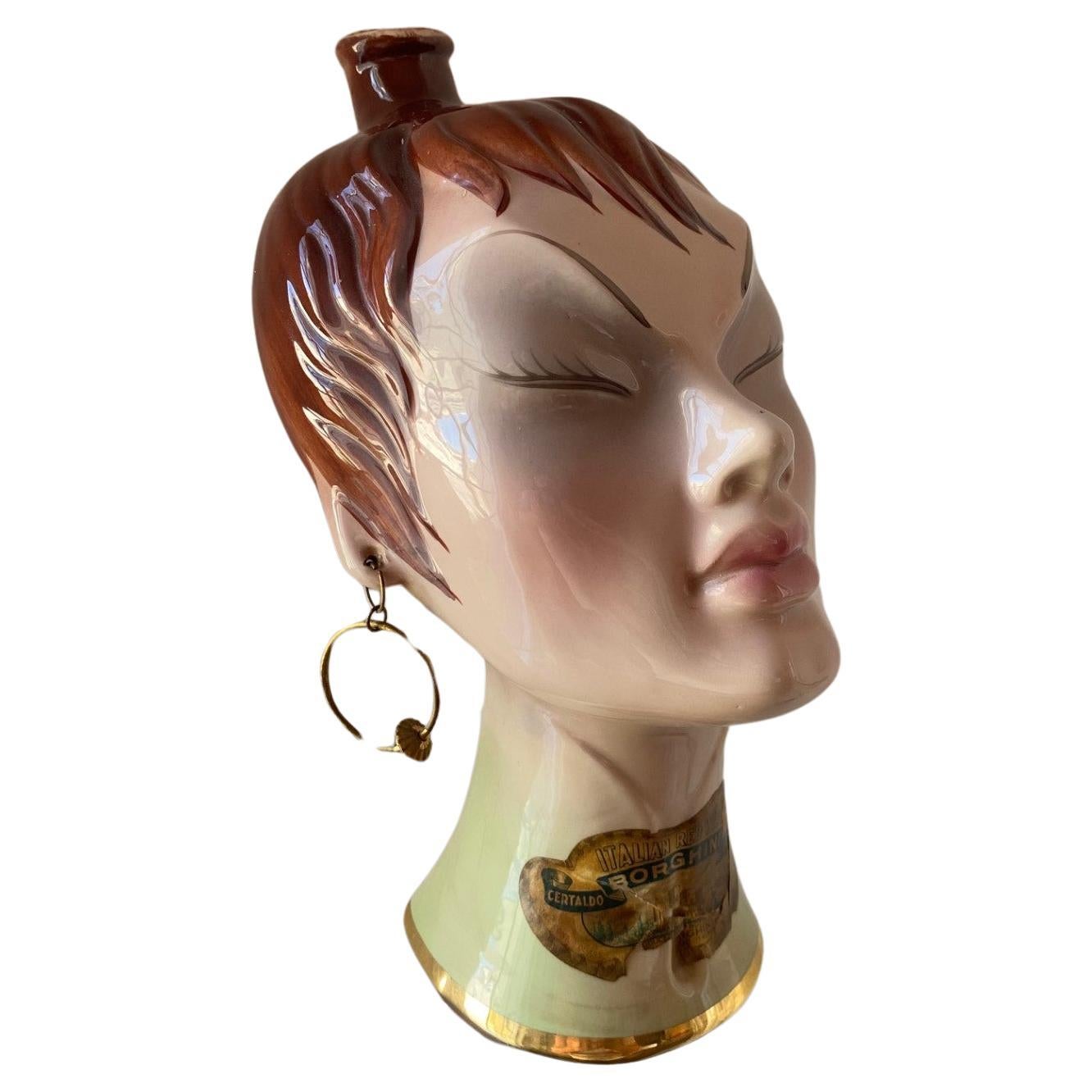 Rare Vintage 1950s Chinoiserie Ceramic Female Sculpture Decanter Italy en vente