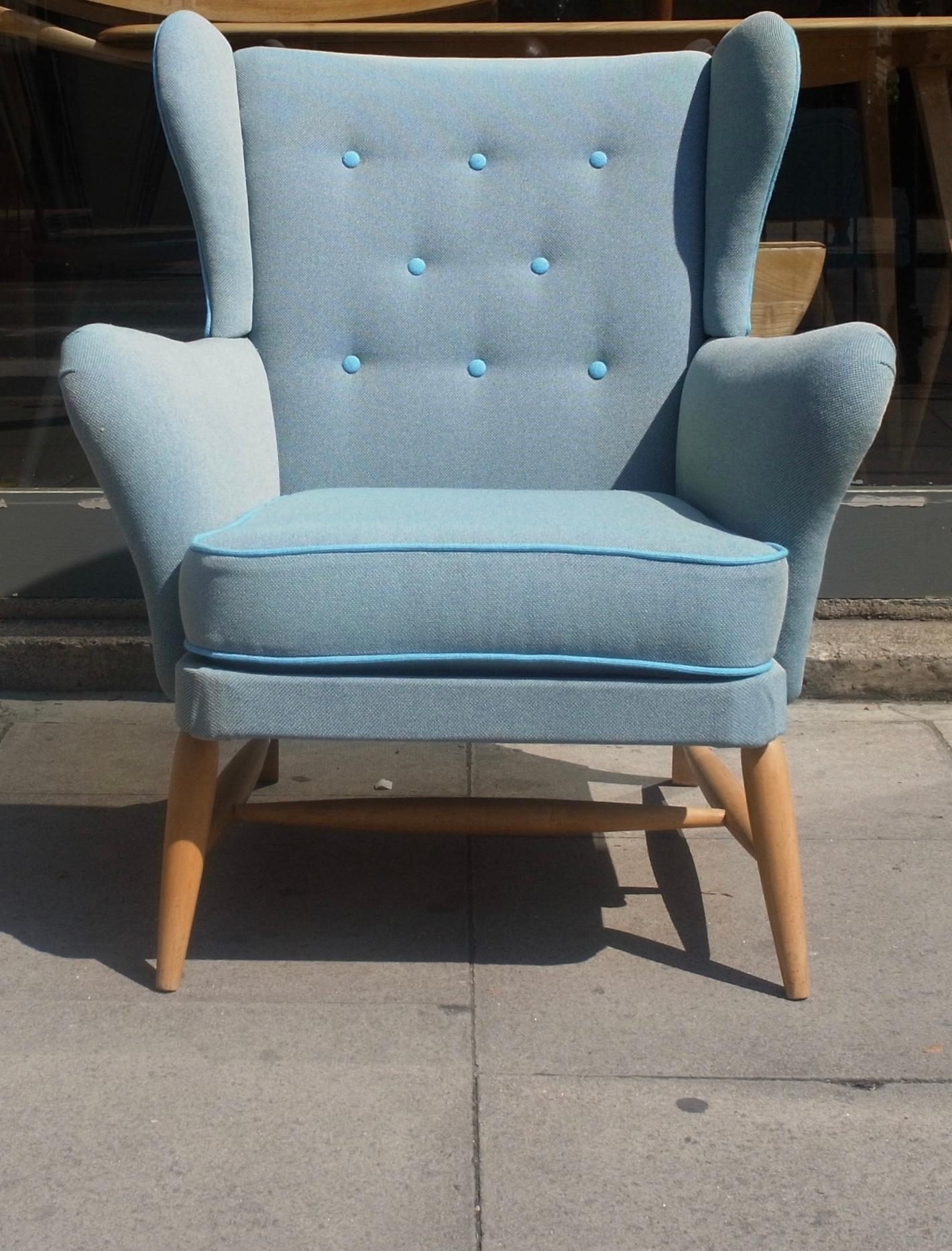 Rare Vintage 1950s Ercol Wingback Armchair Upholstered in Blue Wool Textile 3