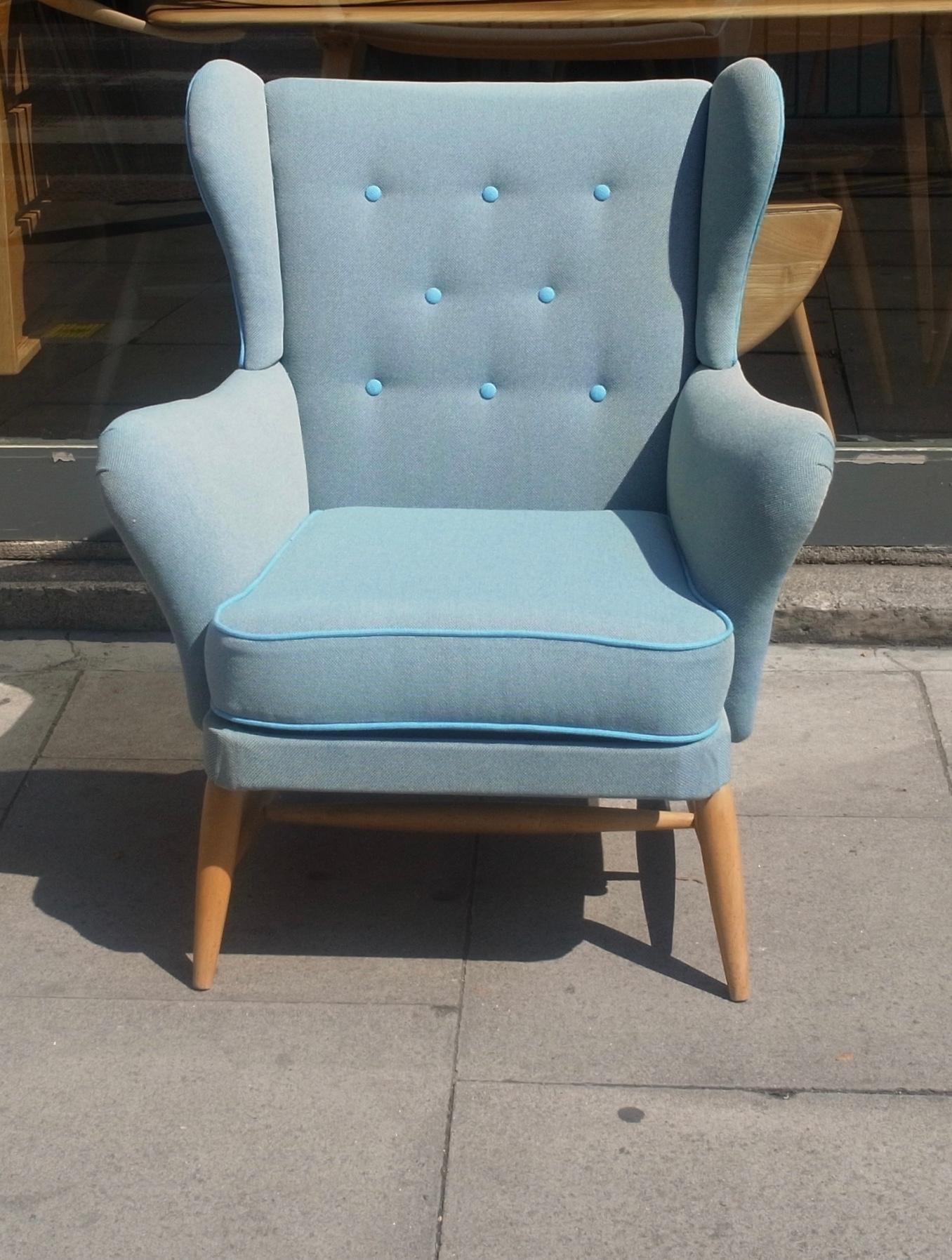 English Rare Vintage 1950s Ercol Wingback Armchair Upholstered in Blue Wool Textile