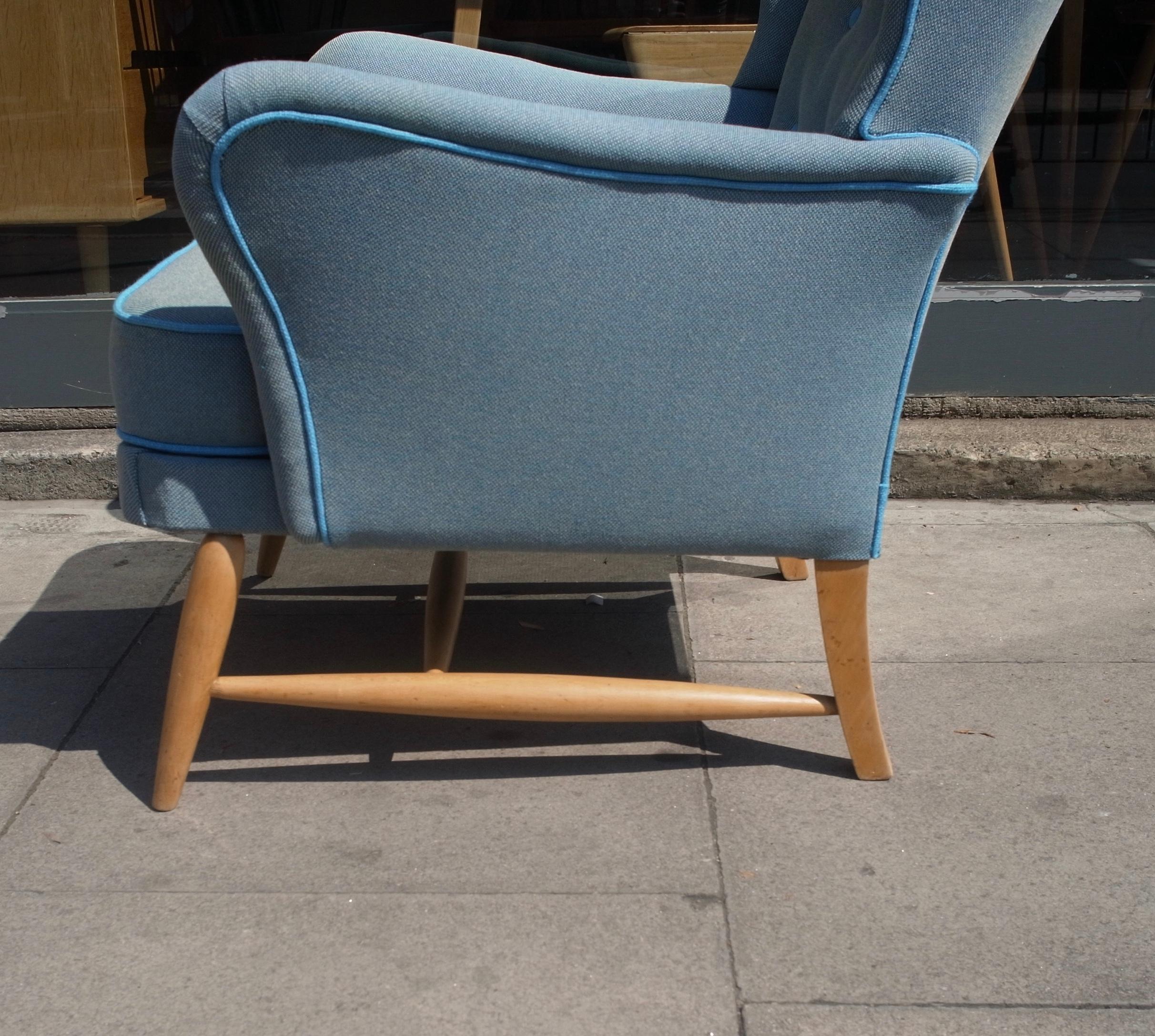 Mid-20th Century Rare Vintage 1950s Ercol Wingback Armchair Upholstered in Blue Wool Textile
