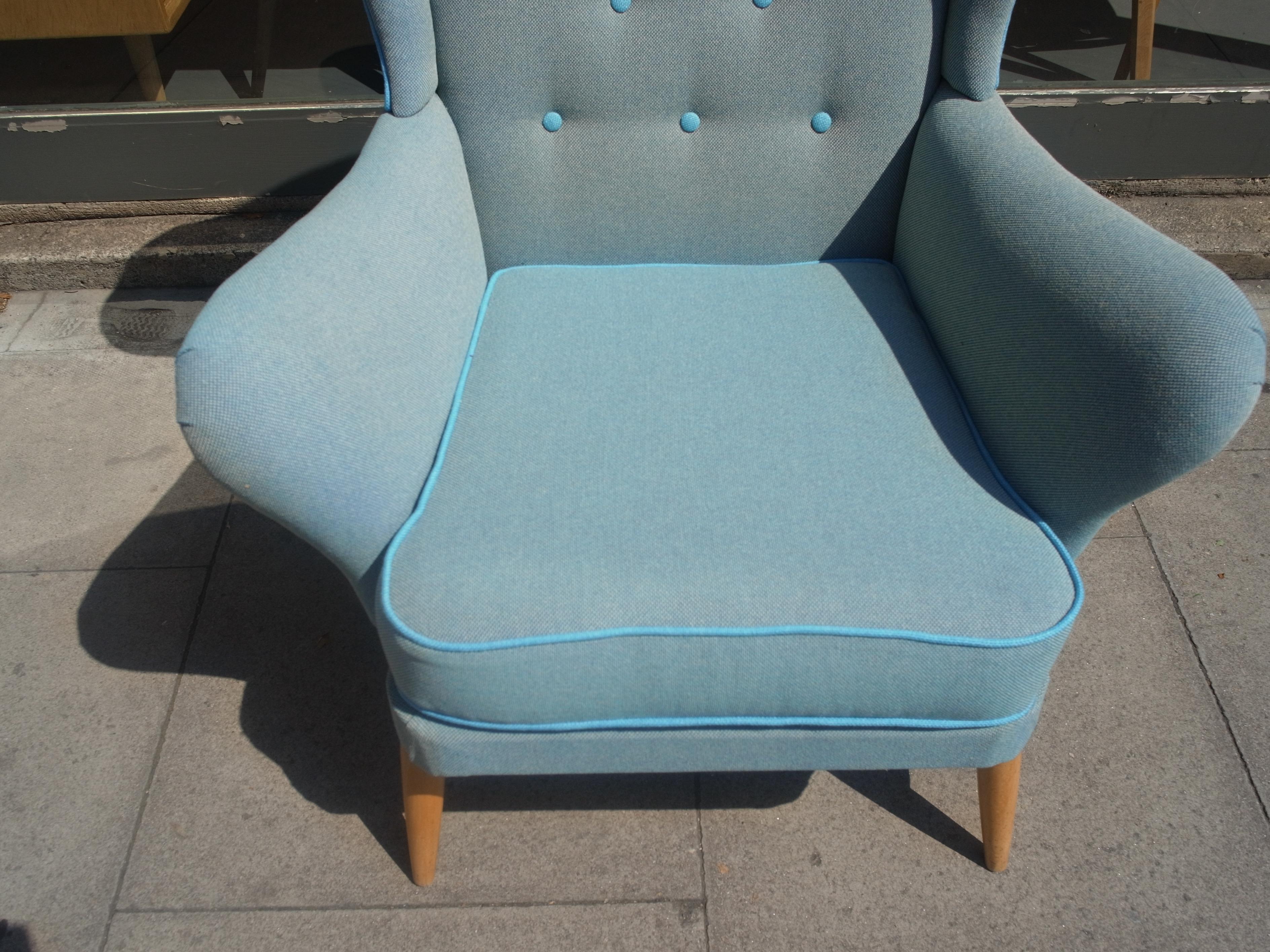 Upholstery Rare Vintage 1950s Ercol Wingback Armchair Upholstered in Blue Wool Textile