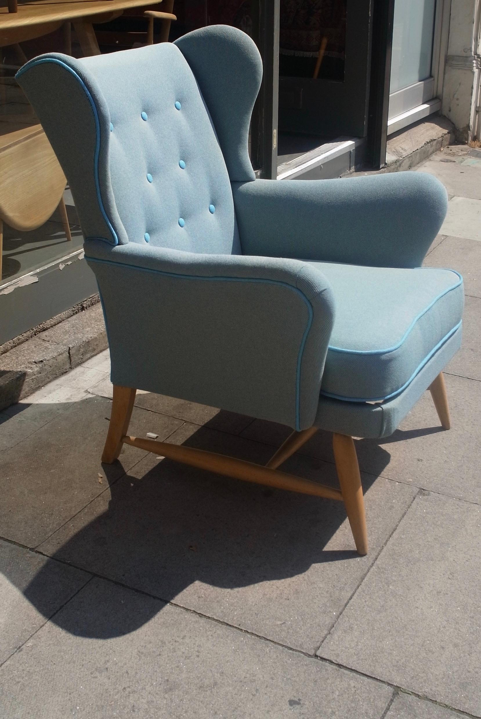 Rare Vintage 1950s Ercol Wingback Armchair Upholstered in Blue Wool Textile 2