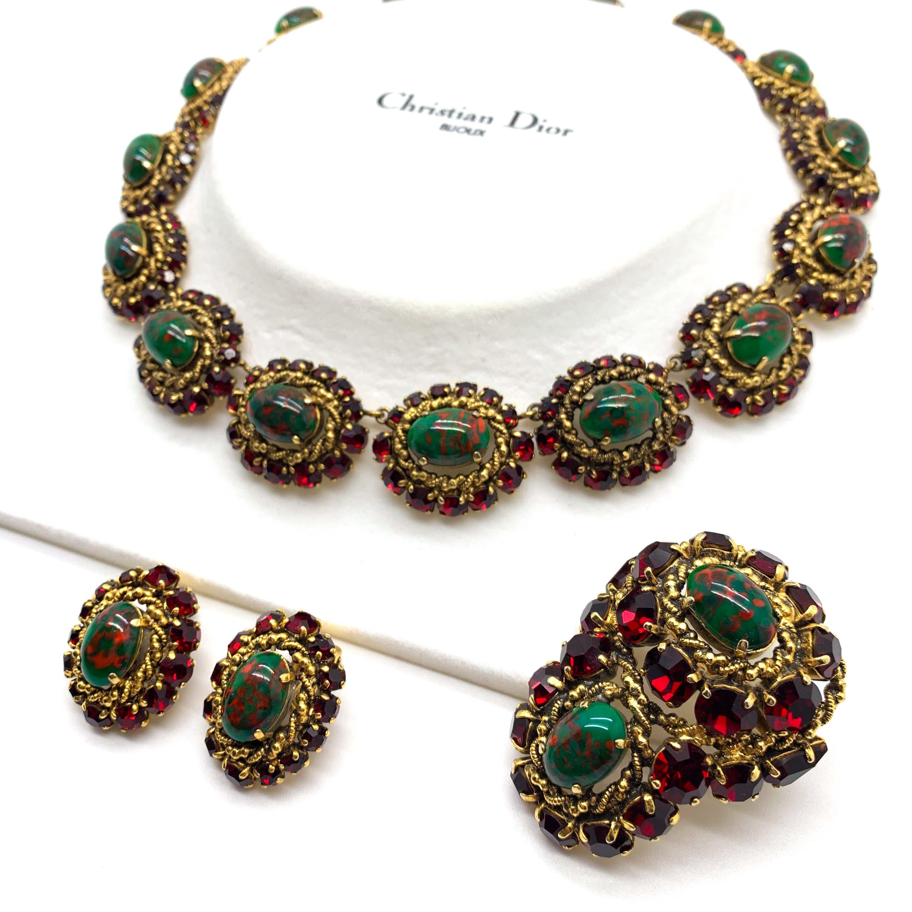 Rare Vintage 1964 Christian Dior byMarc Bohan 3 Pc Ruby Paste & Art Glass Parure In Good Condition In Wilmslow, GB