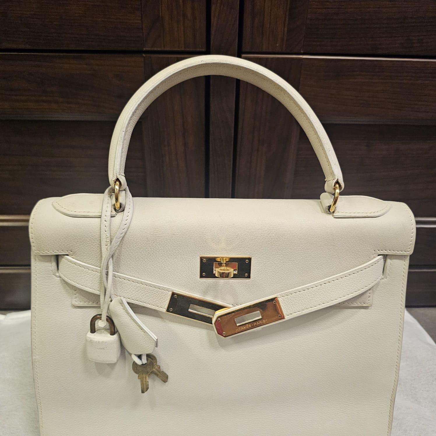 Raro Bolso Kelly 28 Vintage 1989 Hermes Off White Chevre en venta 6