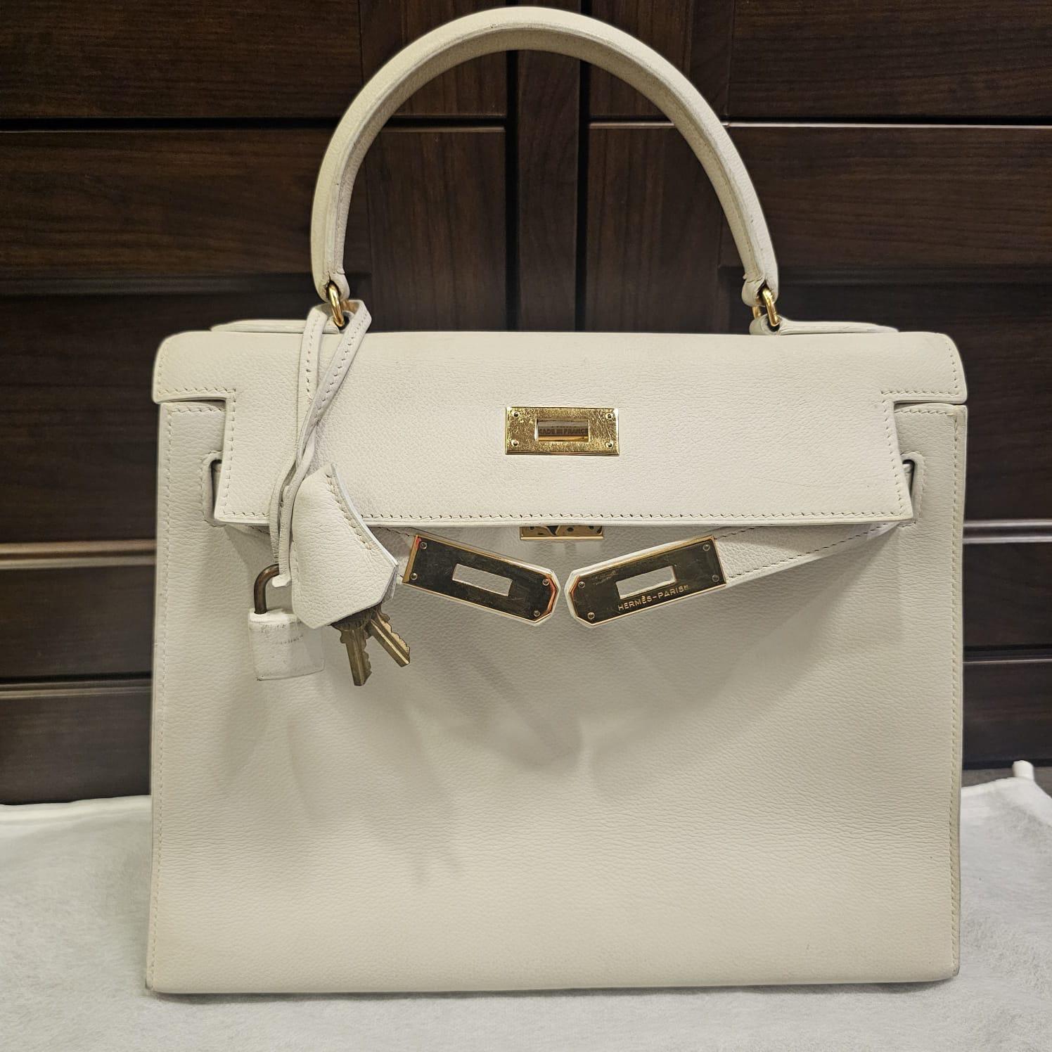 Raro Bolso Kelly 28 Vintage 1989 Hermes Off White Chevre en venta 9