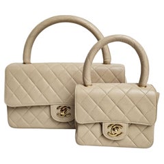 Rare Retro 1990s Beige Lambskin Quilted Twin Bag