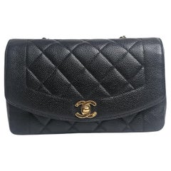 Rare Vintage 1990s Chanel Black Caviar Small Diana Flap Bag