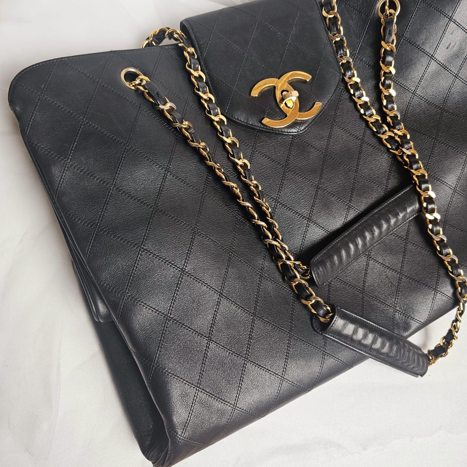 Rare Vintage 1990s Chanel Black Leather Quilted Supermodel XL Tote 12