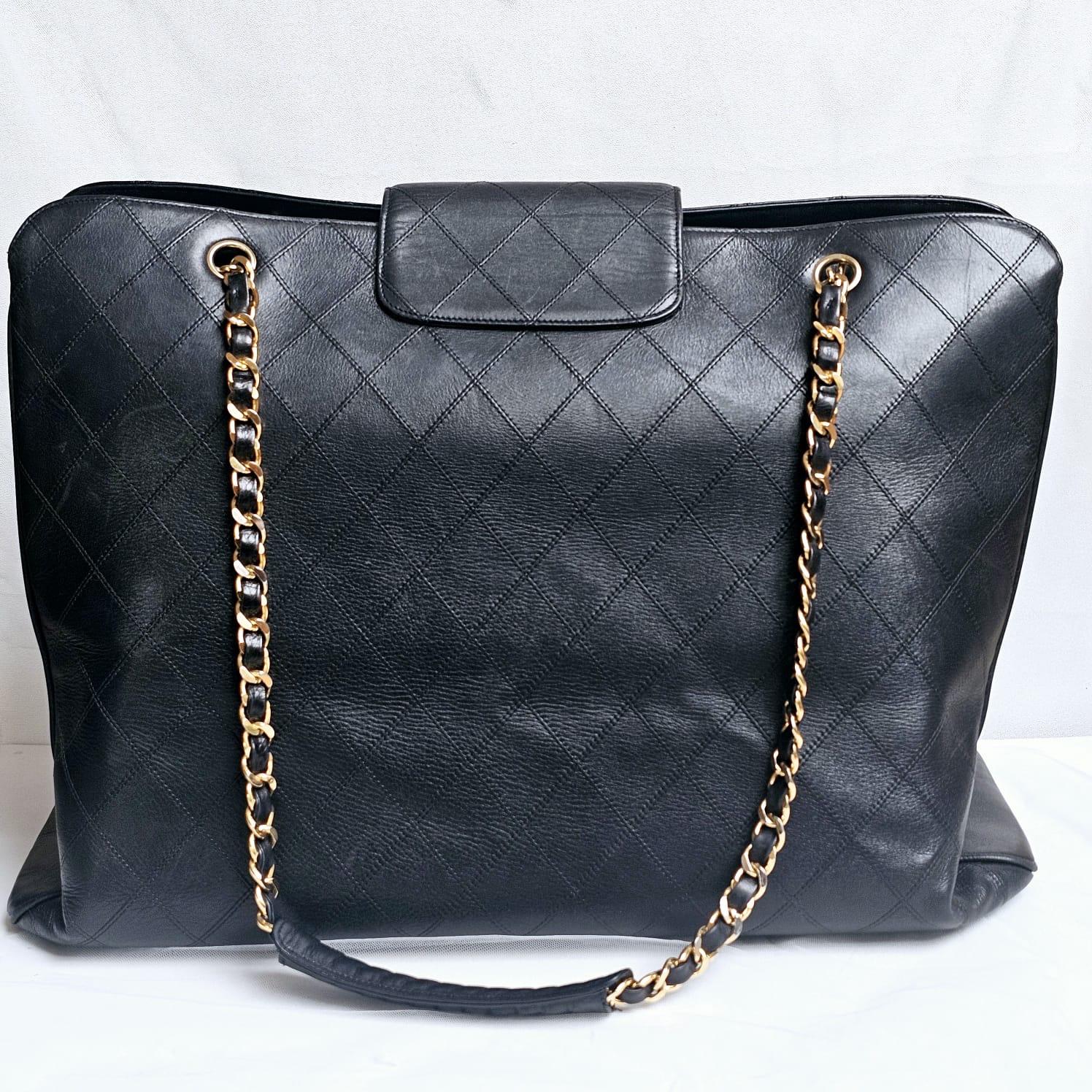 Rare Vintage 1990s Chanel Black Leather Quilted Supermodel XL Tote 1
