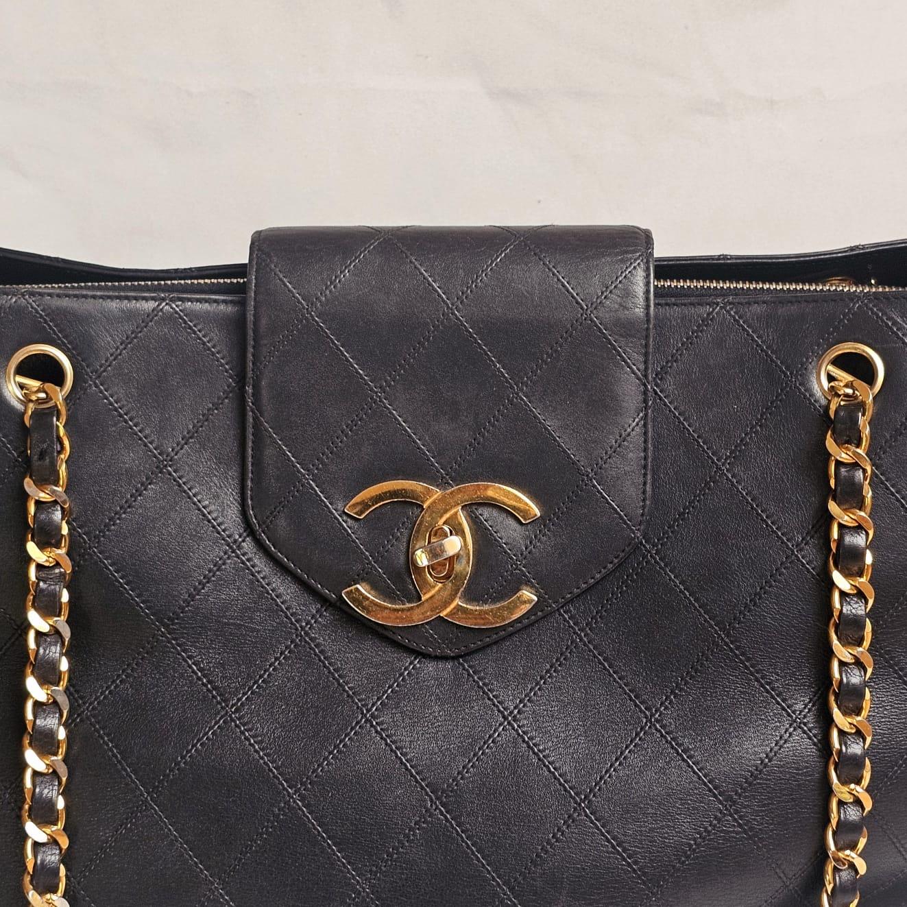 Rare Vintage 1990s Chanel Black Leather Quilted Supermodel XL Tote 2