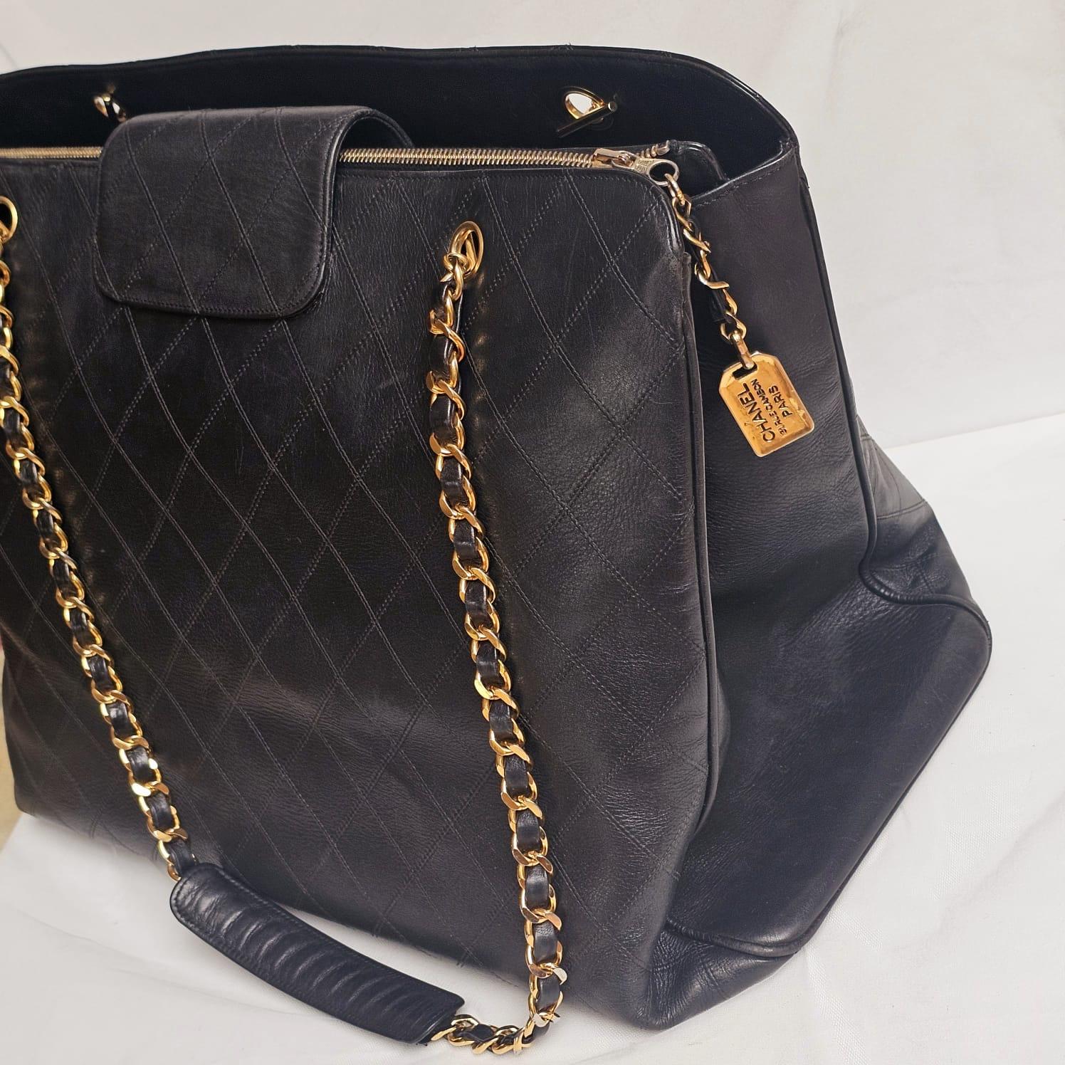 Rare Vintage 1990s Chanel Black Leather Quilted Supermodel XL Tote 3