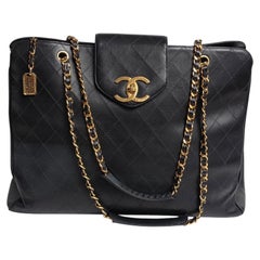 Rare Vintage 1990s Chanel Black Leather XL Supermodel Tote