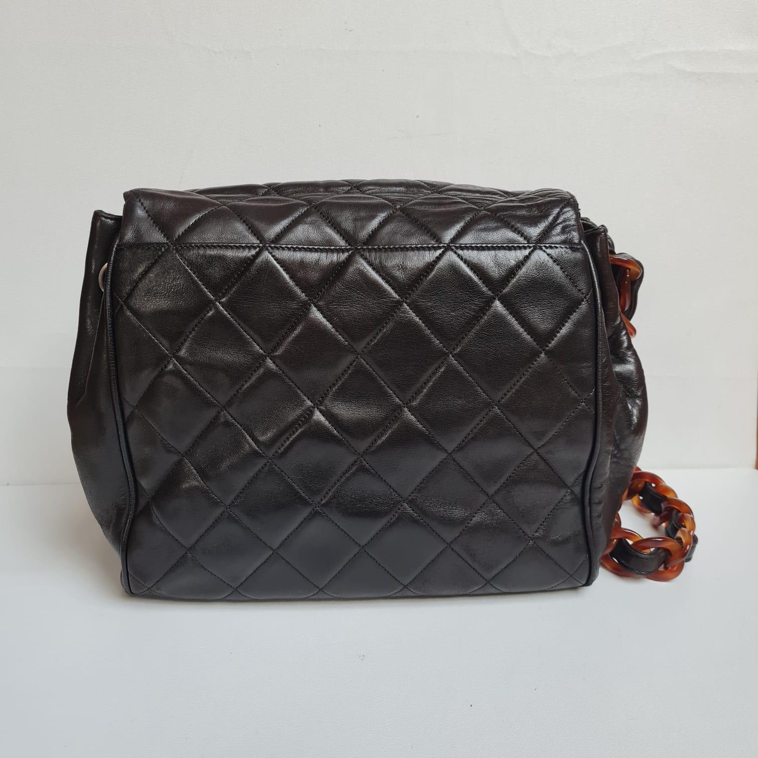 Rare Vintage 1990s Chanel Black Quilted Tortoiseshell Round Flap Bag For Sale 11
