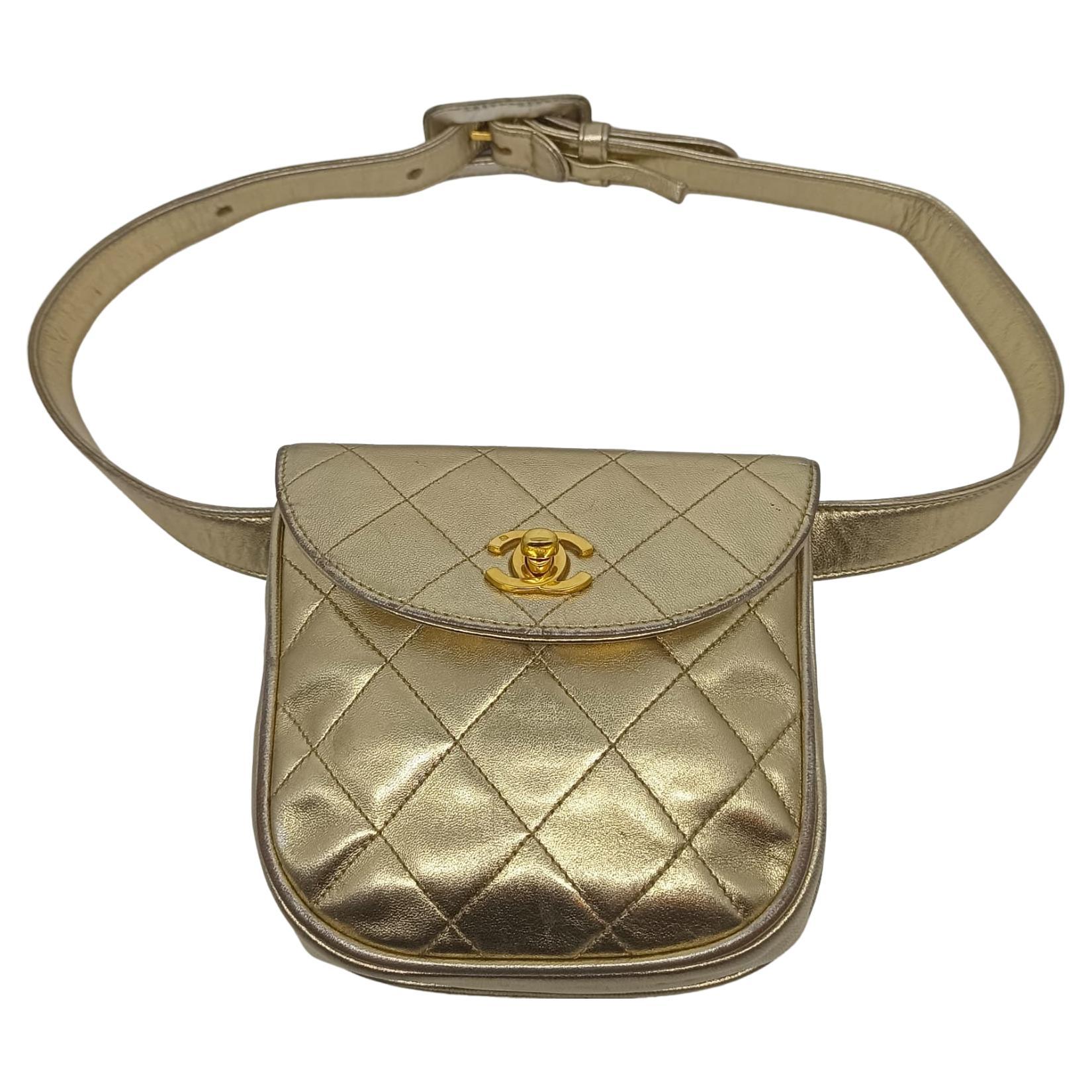 Rare Vintage 1990s Chanel Gold Metallic Mini Belt Bag