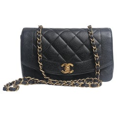 Rare Vintage 1990s Chanel Navy Caviar Small Diana Flap Bag