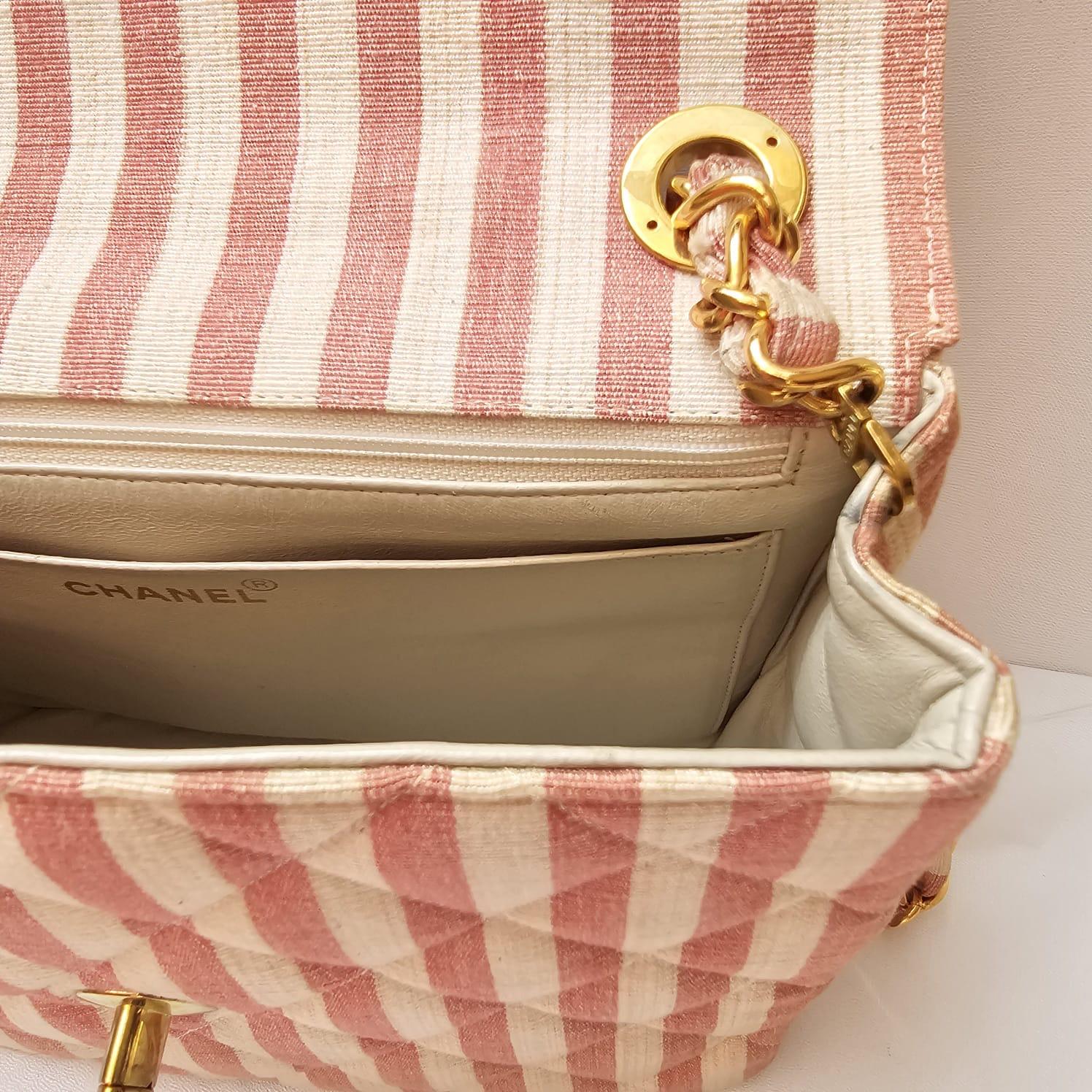 Rare Vintage 1990s Chanel Pink and White Stripe Canvas Flap Bag 6