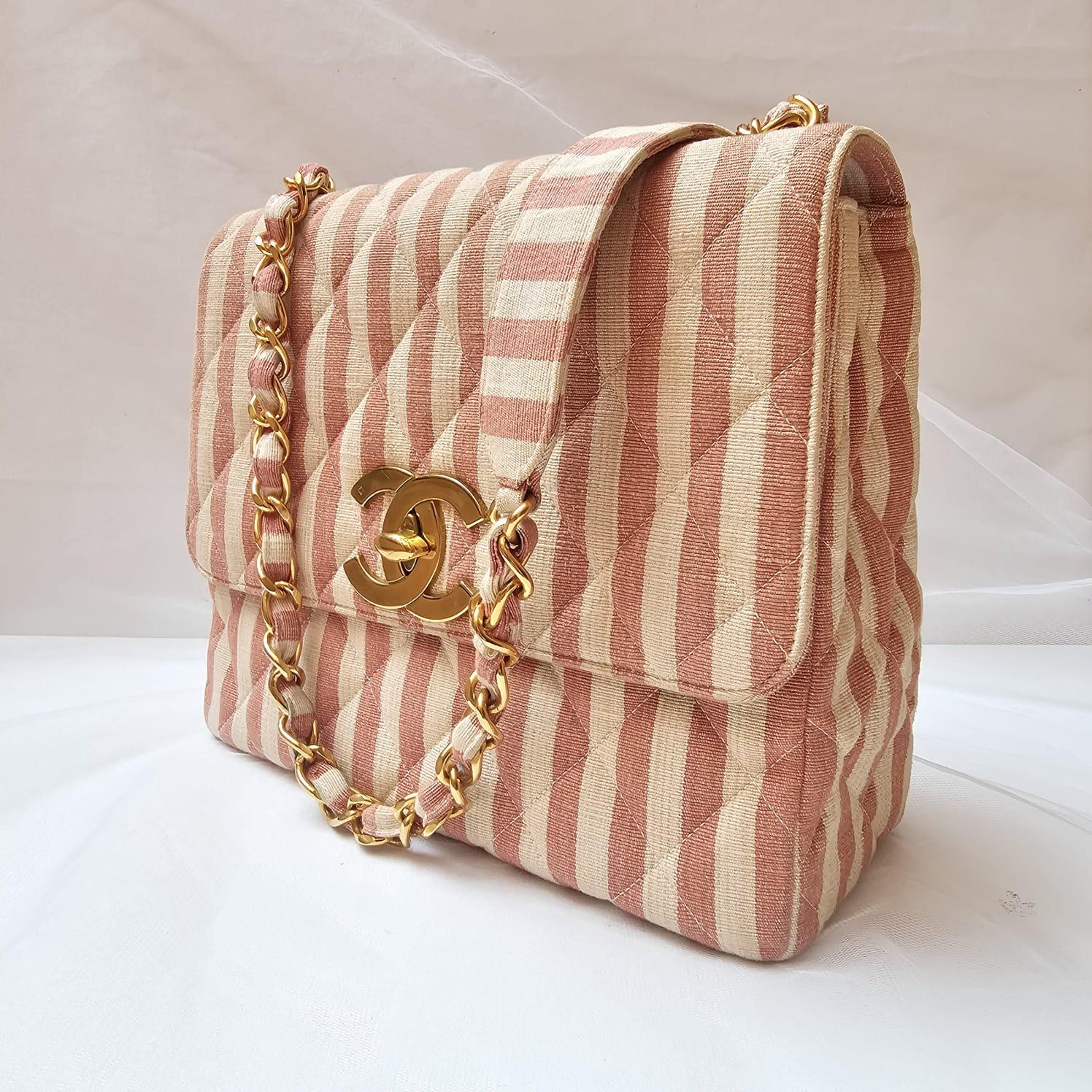 Rare Vintage 1990s Chanel Pink and White Stripe Canvas Flap Bag 7