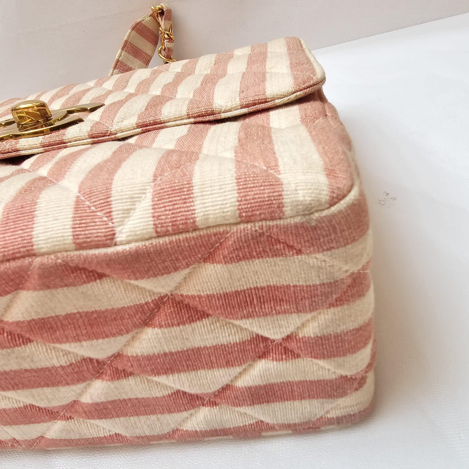 Rare Vintage 1990s Chanel Pink and White Stripe Canvas Flap Bag 8