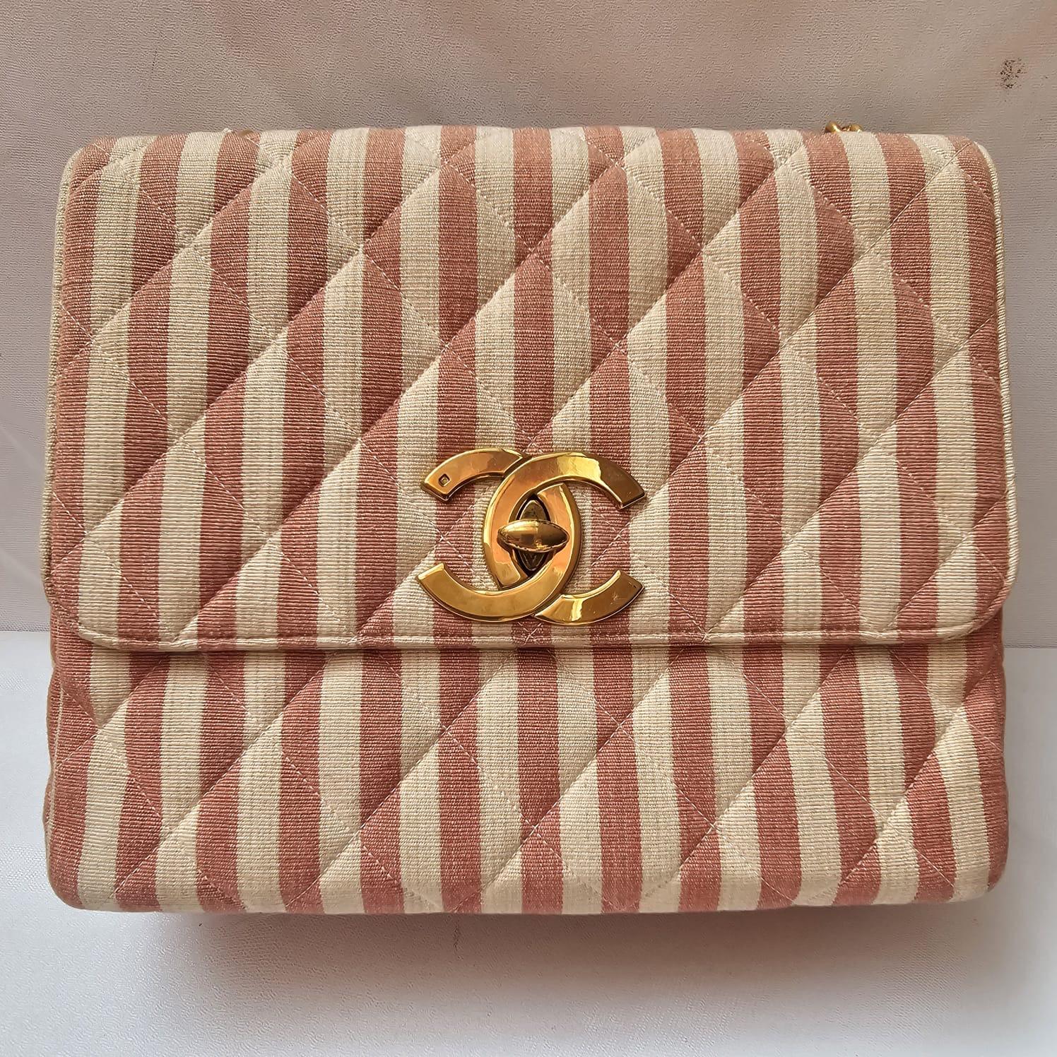 Rare Vintage 1990s Chanel Pink and White Stripe Canvas Flap Bag 11