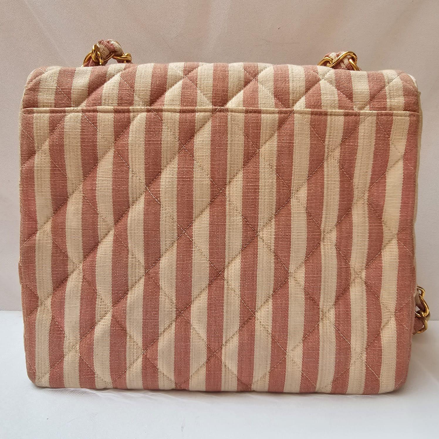 Rare Vintage 1990s Chanel Pink and White Stripe Canvas Flap Bag 12