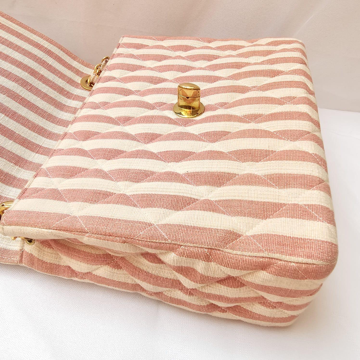Rare Vintage 1990s Chanel Pink and White Stripe Canvas Flap Bag 13