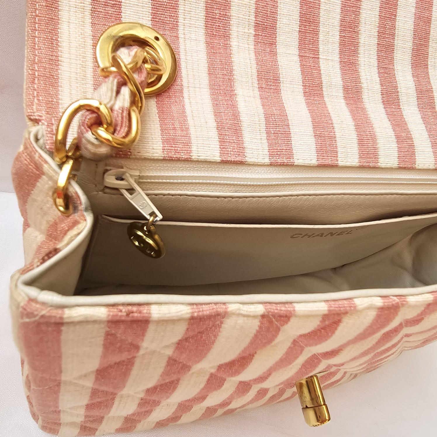 Rare Vintage 1990s Chanel Pink and White Stripe Canvas Flap Bag 14