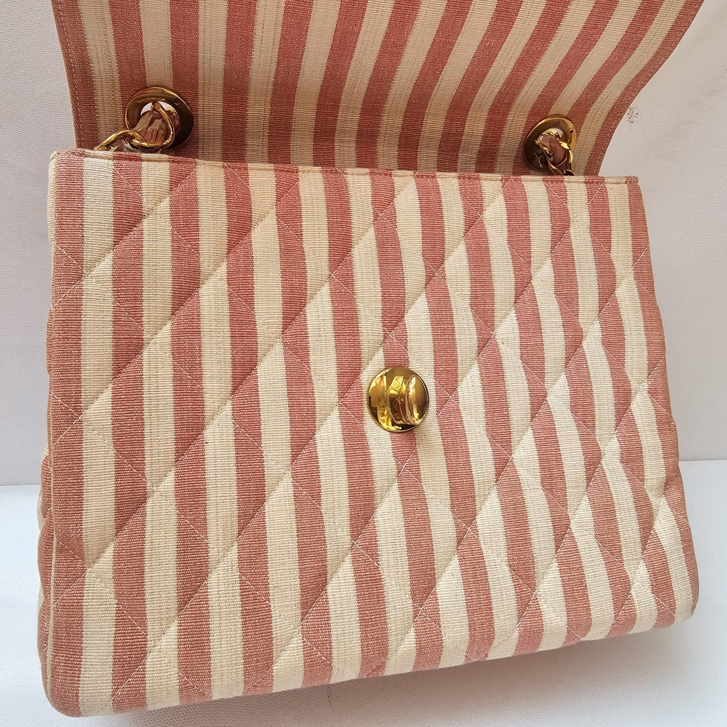 Rare Vintage 1990s Chanel Pink and White Stripe Canvas Flap Bag 15