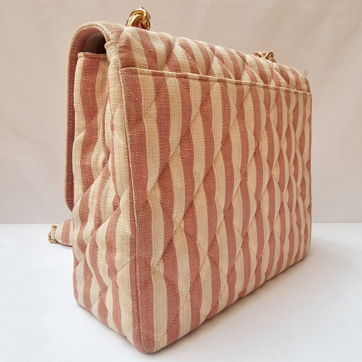 Rare Vintage 1990s Chanel Pink and White Stripe Canvas Flap Bag 16