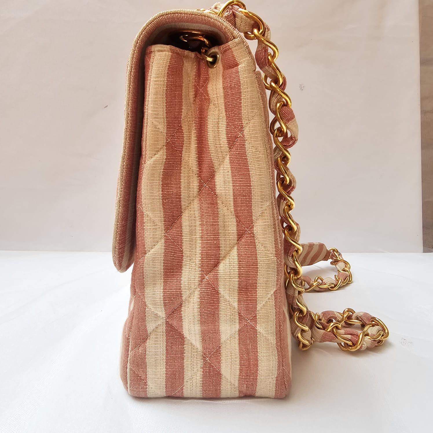 Women's Rare Vintage 1990s Chanel Pink and White Stripe Canvas Flap Bag